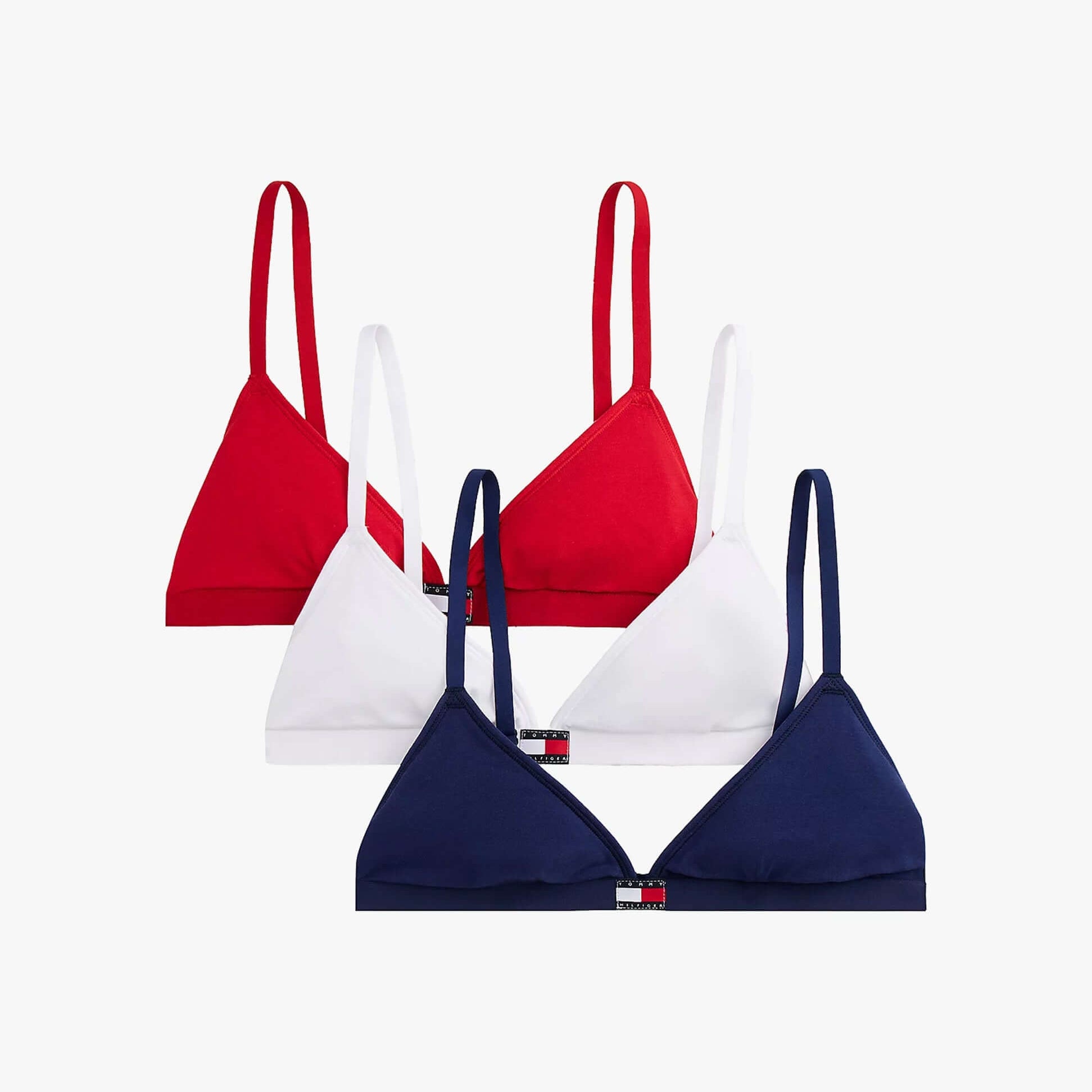Tommy Hilfiger 3 Pack Womens TRIANGLE BRA Multicoloured front view showing red, white, and navy triangle bras.