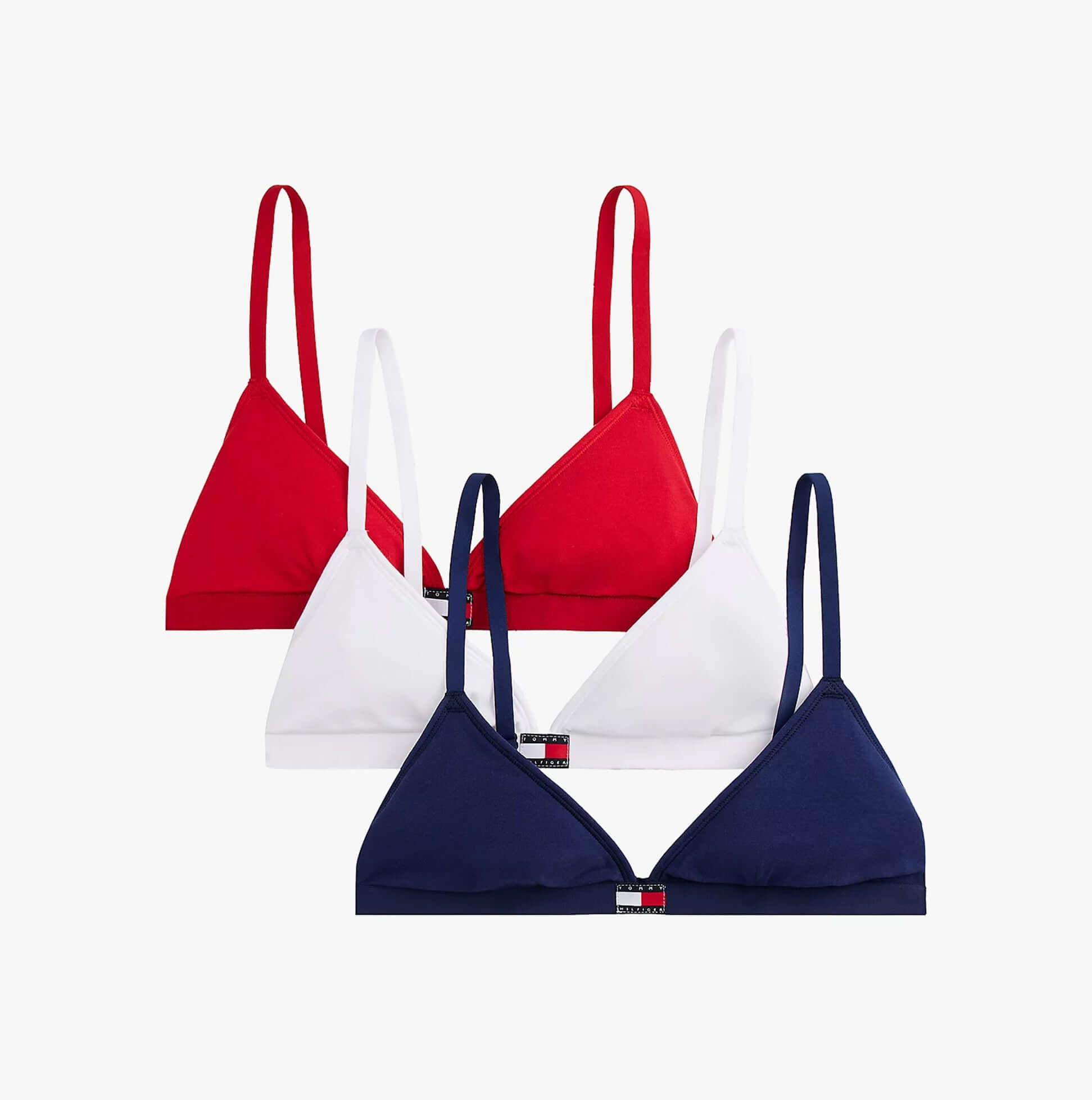 Tommy Hilfiger 3 Pack Womens TRIANGLE BRA Multicoloured front view showing red, white, and navy triangle bras.