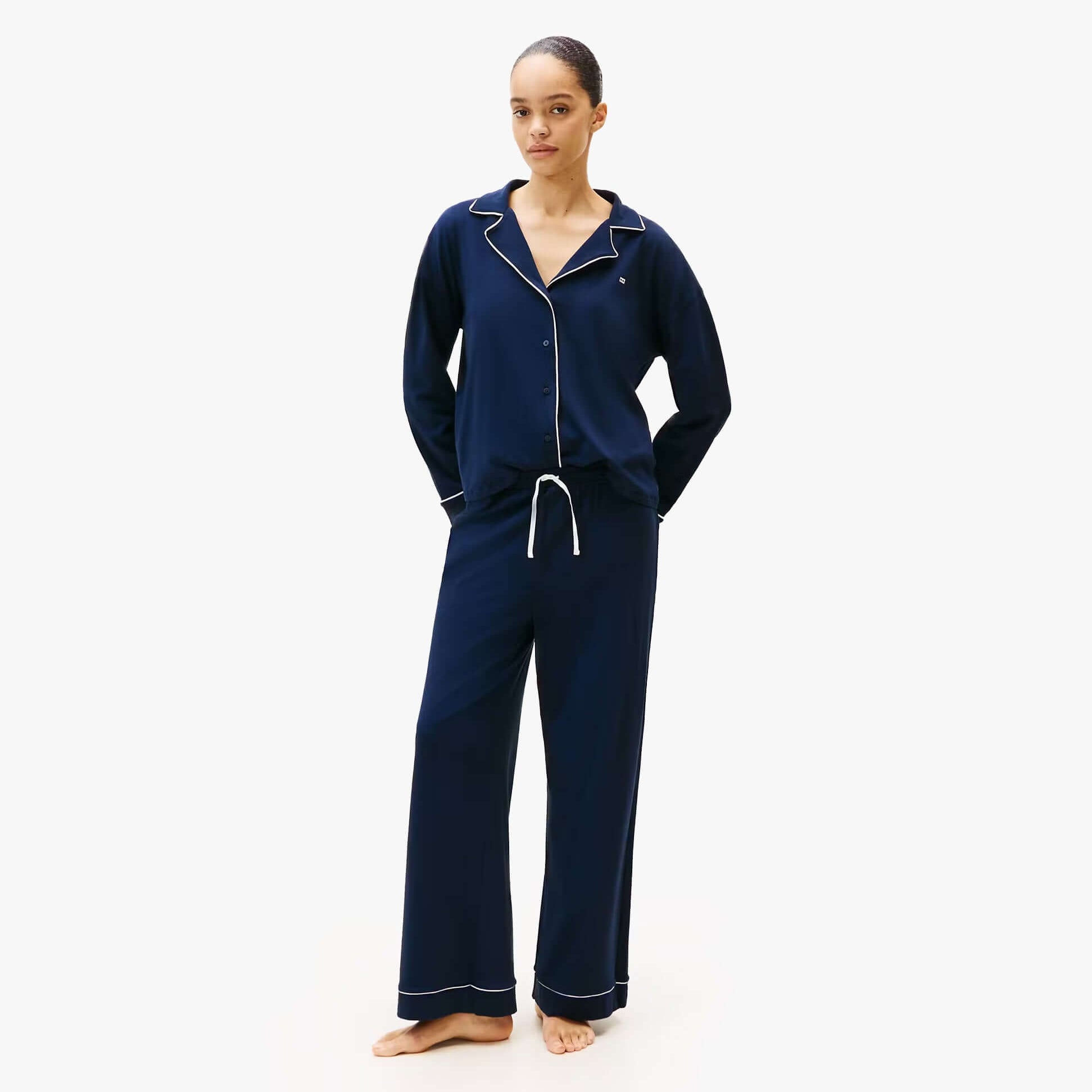 Tommy Hilfiger SHIRT PANTS SET Womens Set Dark Night Navy front view showcasing relaxed fit and long sleeves.