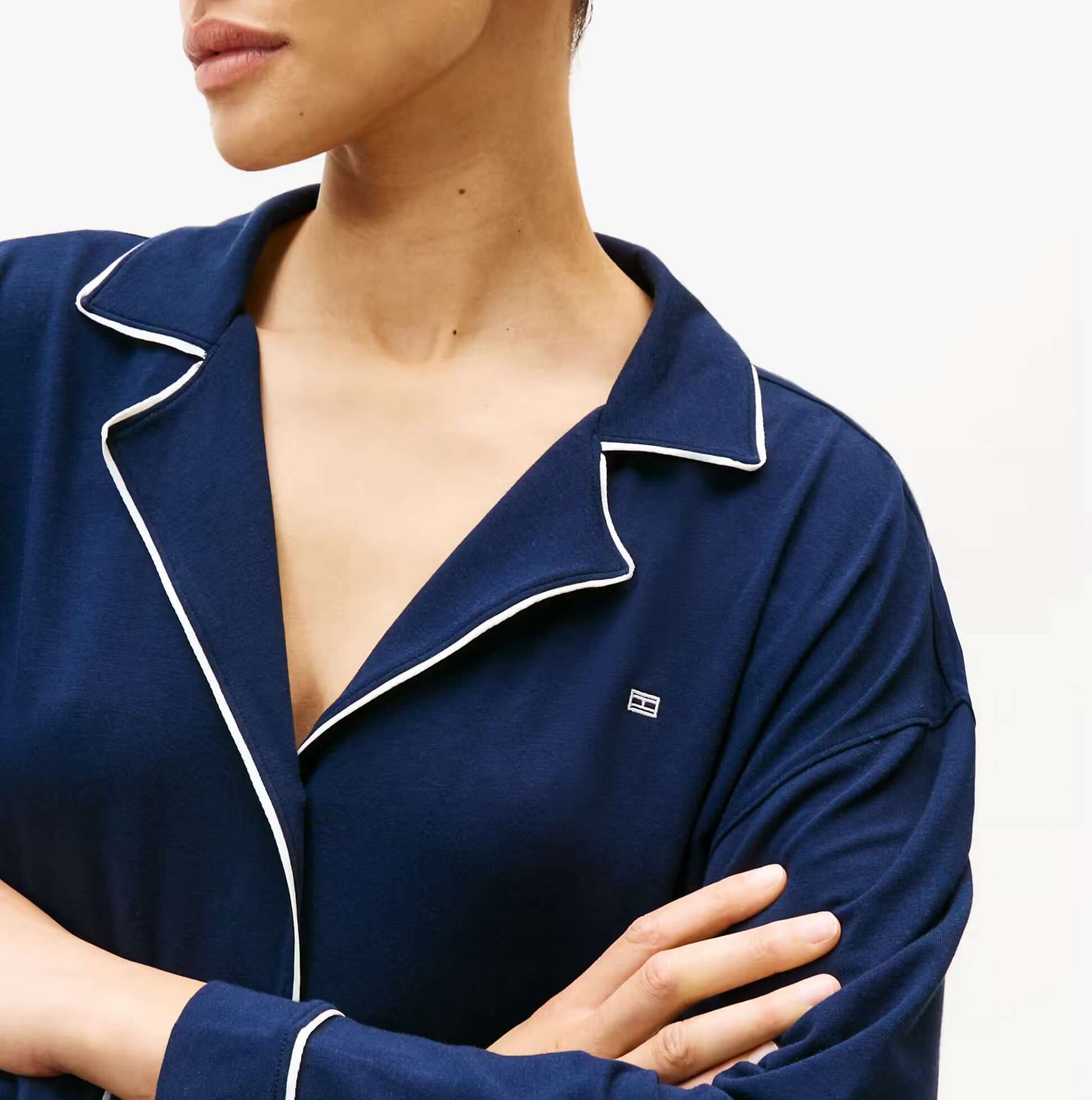 Tommy Hilfiger SHIRT PANTS SET Womens Set Dark Night Navy, front view showing shirt detail and relaxed fit.