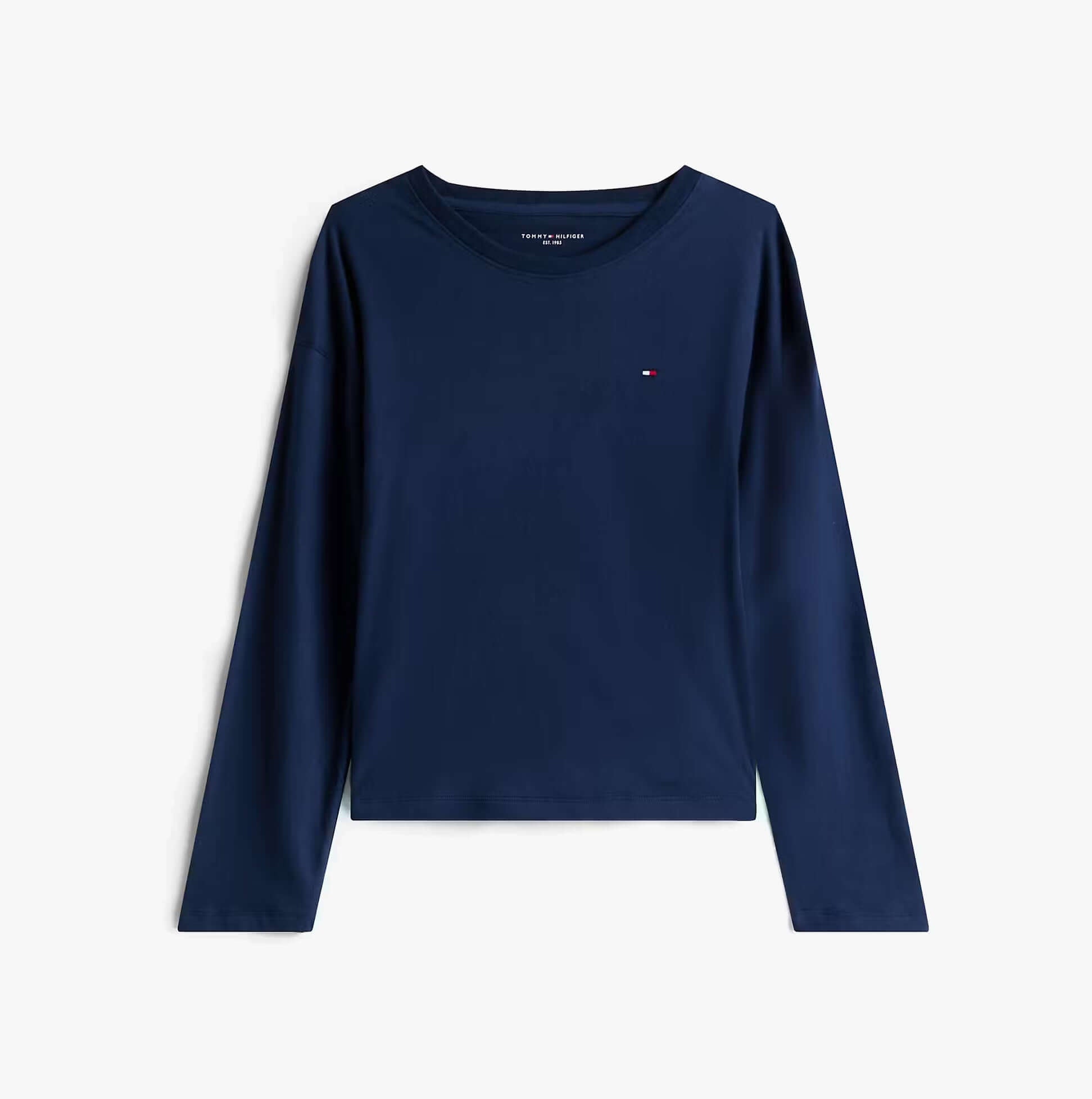 Tommy Hilfiger LS JERSEY RELAXED PJ Womens Set Multicoloured front view of long-sleeve navy top with logo detail.
