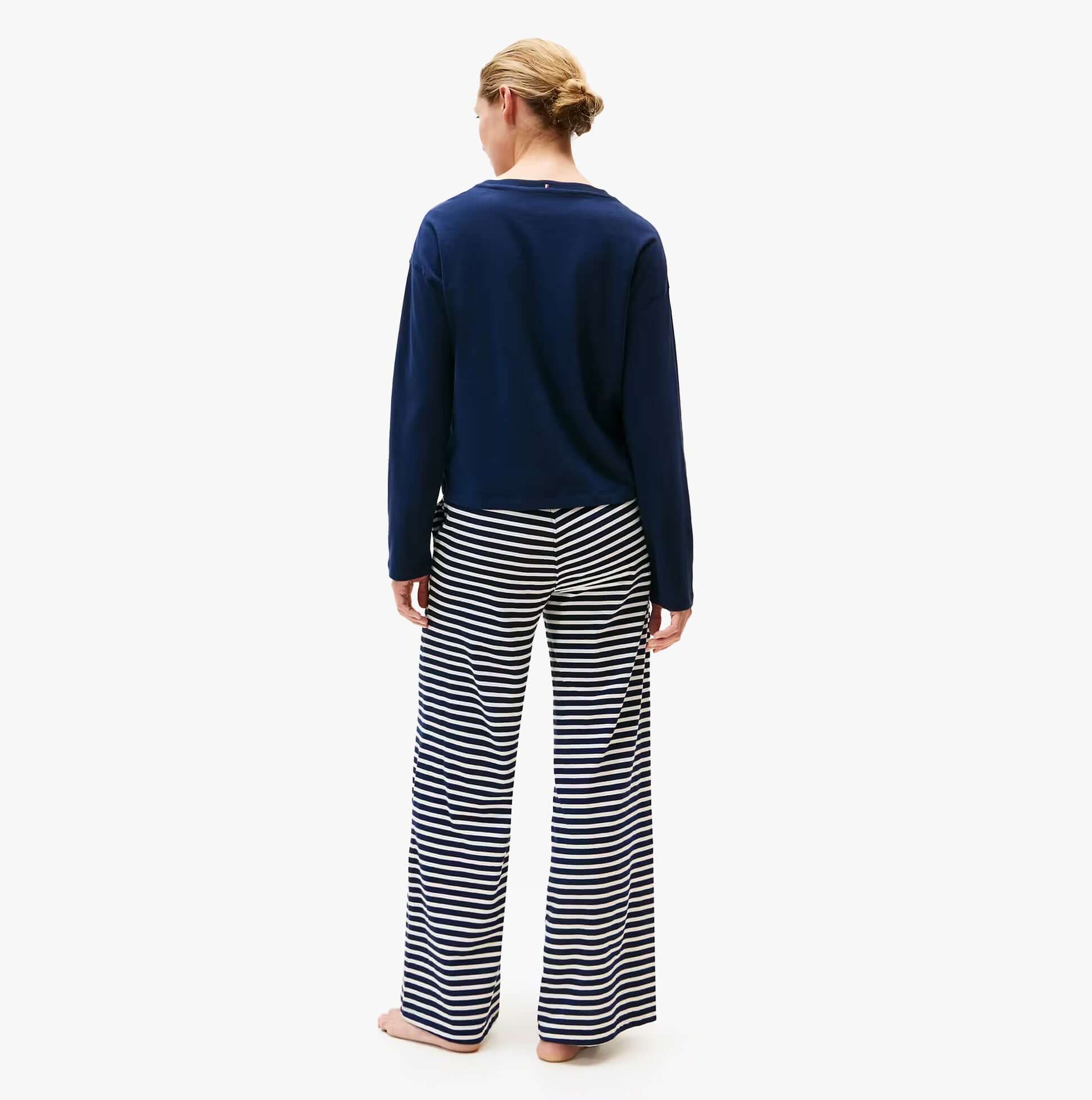 Tommy Hilfiger LS JERSEY RELAXED PJ Womens Set Multicoloured back view featuring navy top and striped pants.