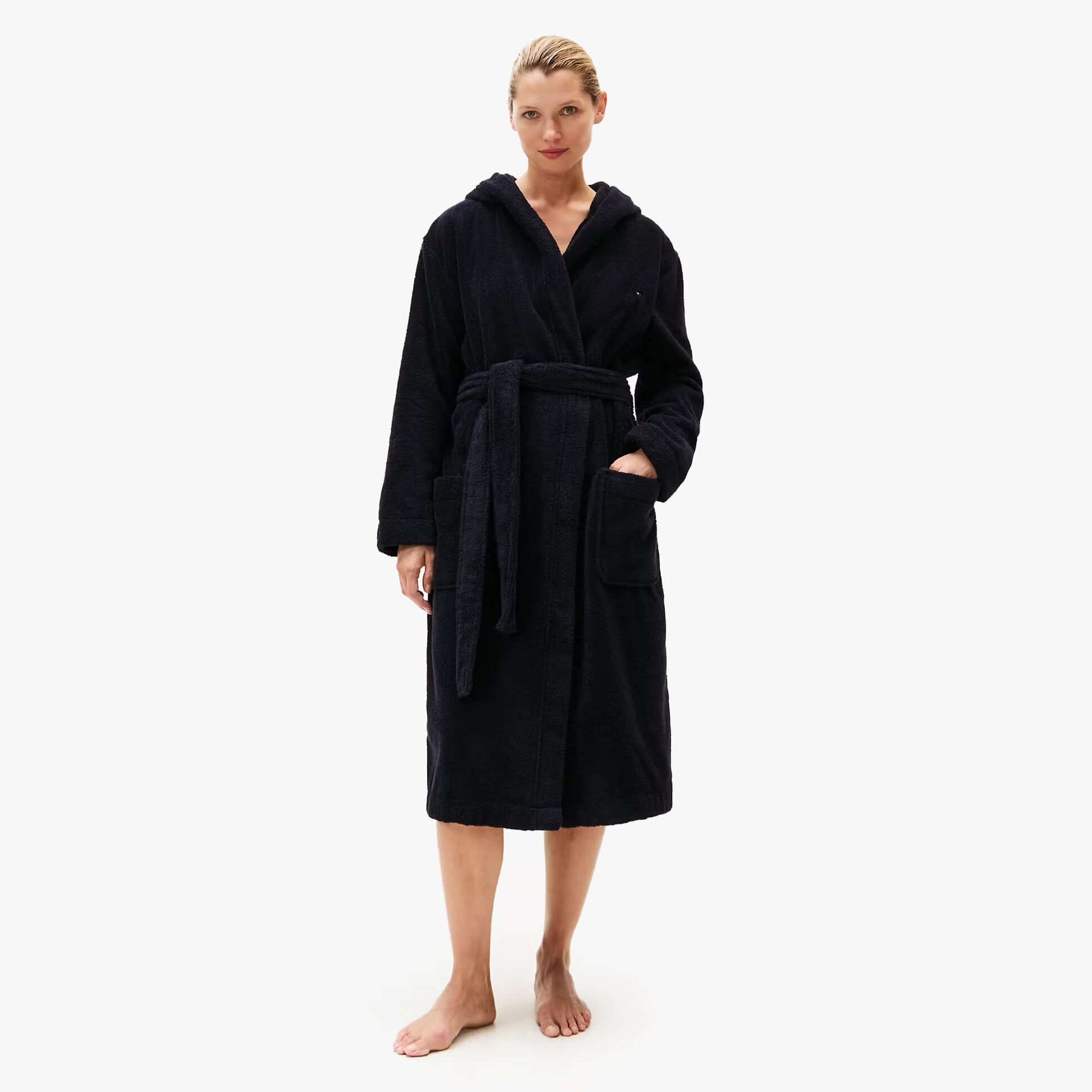 Tommy Hilfiger TOWELLING BATHROBE Womens Bathrobes Desert Sky front view showcasing a relaxed fit and cozy design.