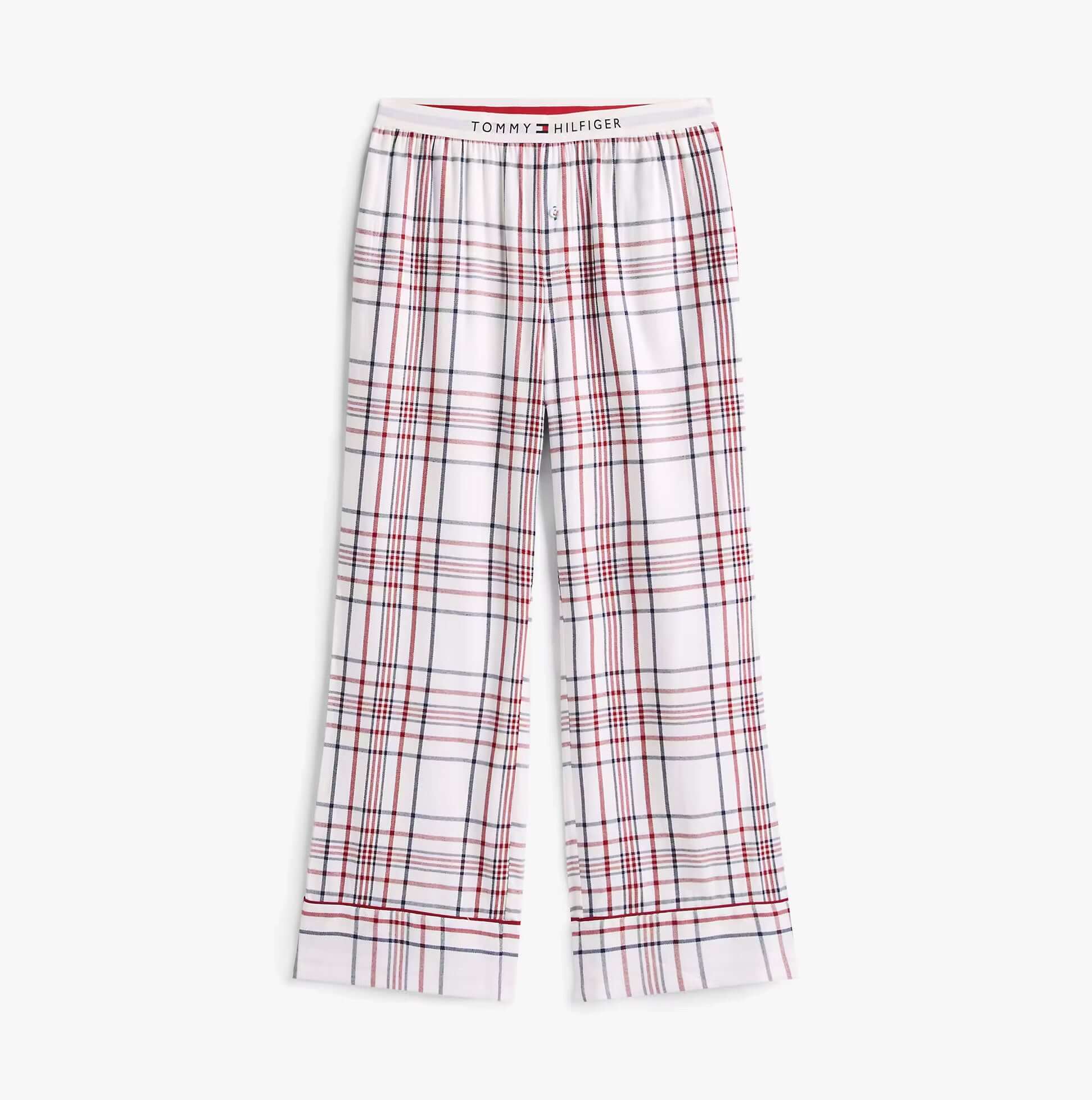 Tommy Hilfiger GIFT LS FLNL SHIRT S Womens Pyjama Set City Plaid Ivory Silk front view of patterned pyjama pants
