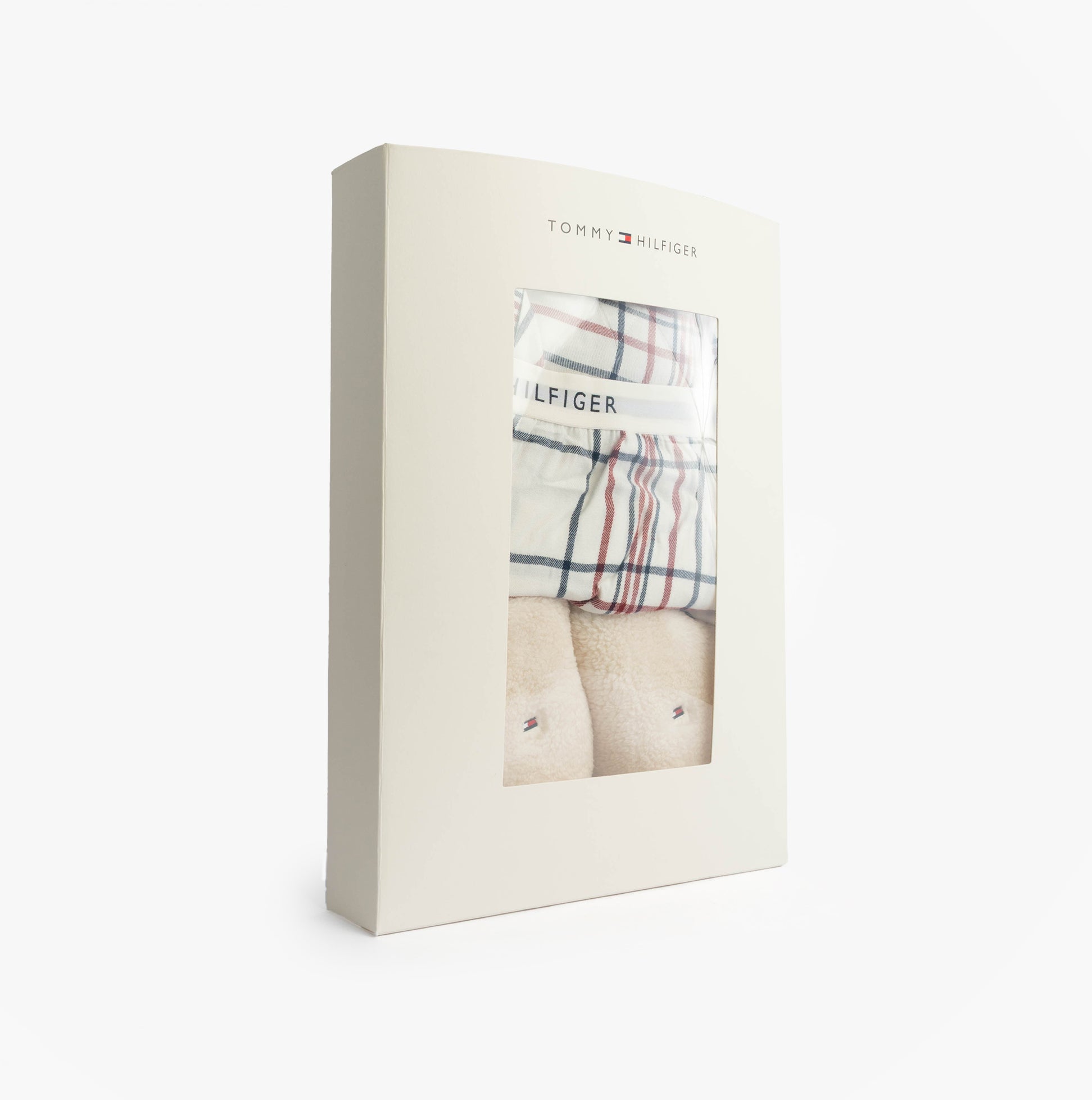 Tommy Hilfiger GIFT LS FLNL SHIRT S Womens Pyjama Set City Plaid Ivory Silk in gift box side view.
