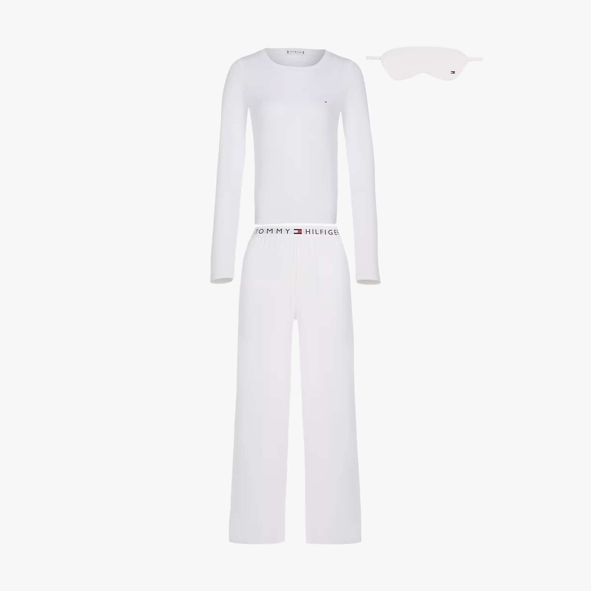 Tommy Hilfiger GIFT LS TEE PANTS SE Womens Pyjama Set Ecru front view with eye mask.