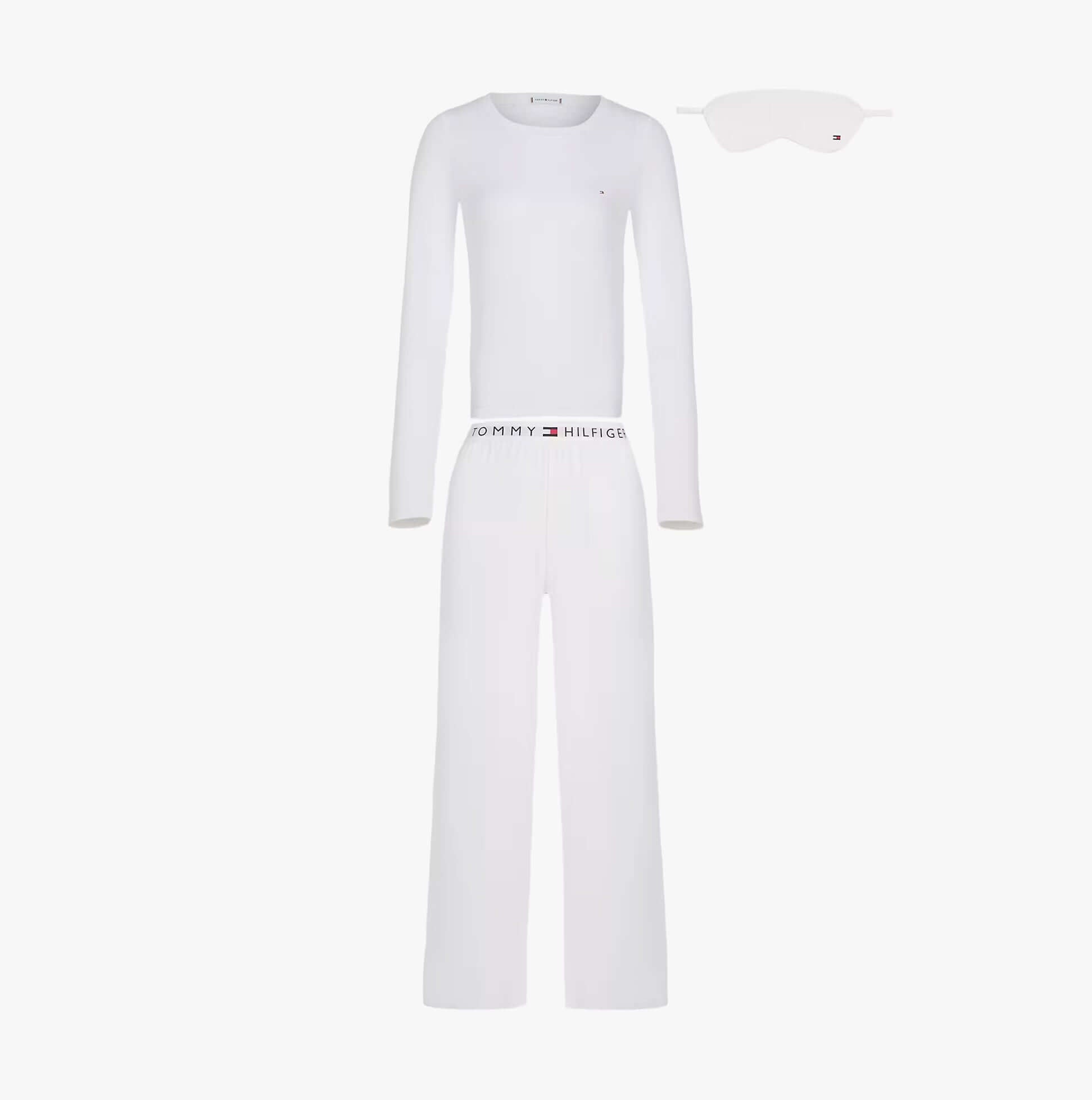 Tommy Hilfiger GIFT LS TEE PANTS SE Womens Pyjama Set Ecru front view with eye mask.