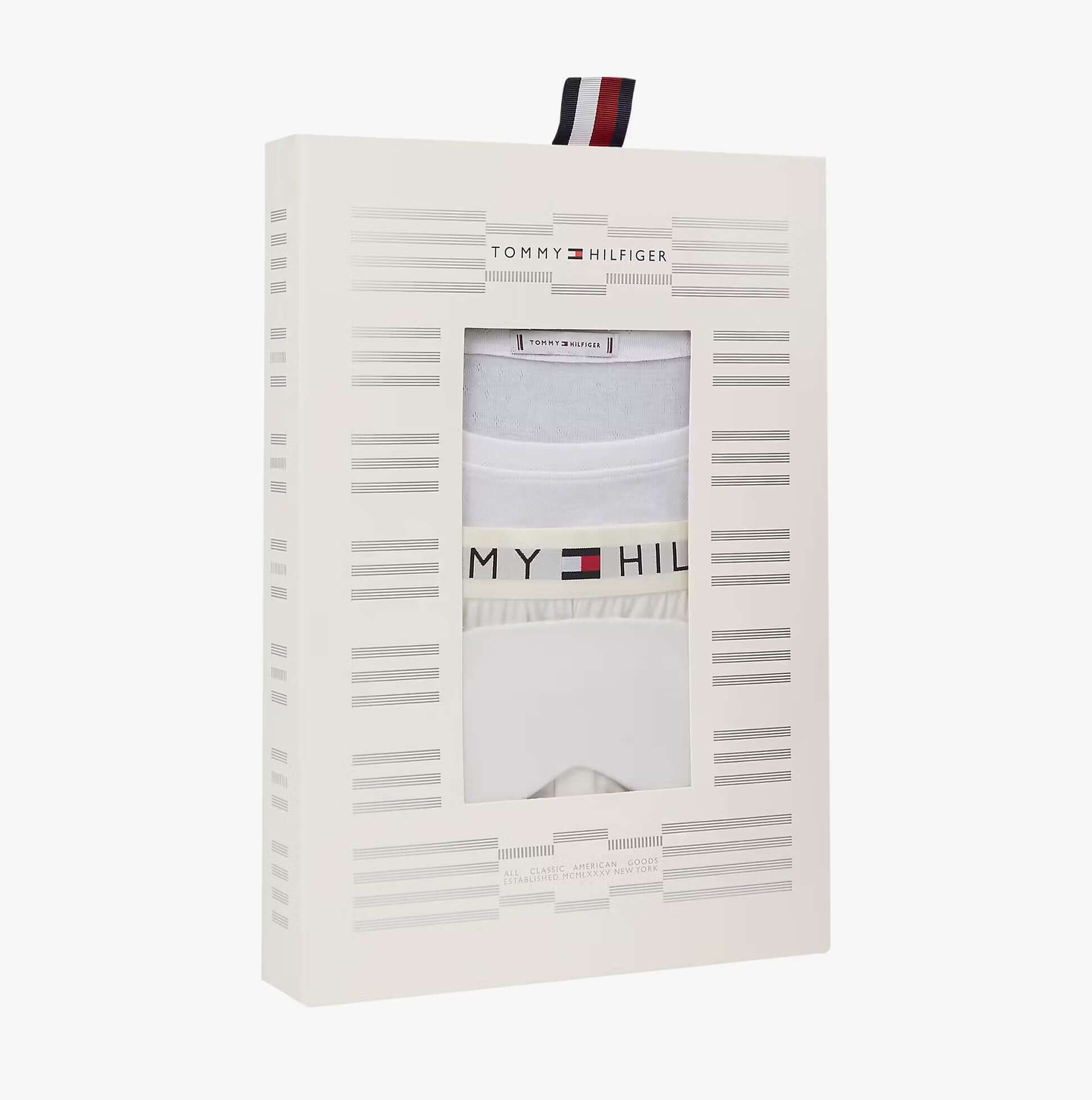 Tommy Hilfiger GIFT LS TEE PANTS SE Womens Pyjama Set Ecru displayed in gift box view with branding details.