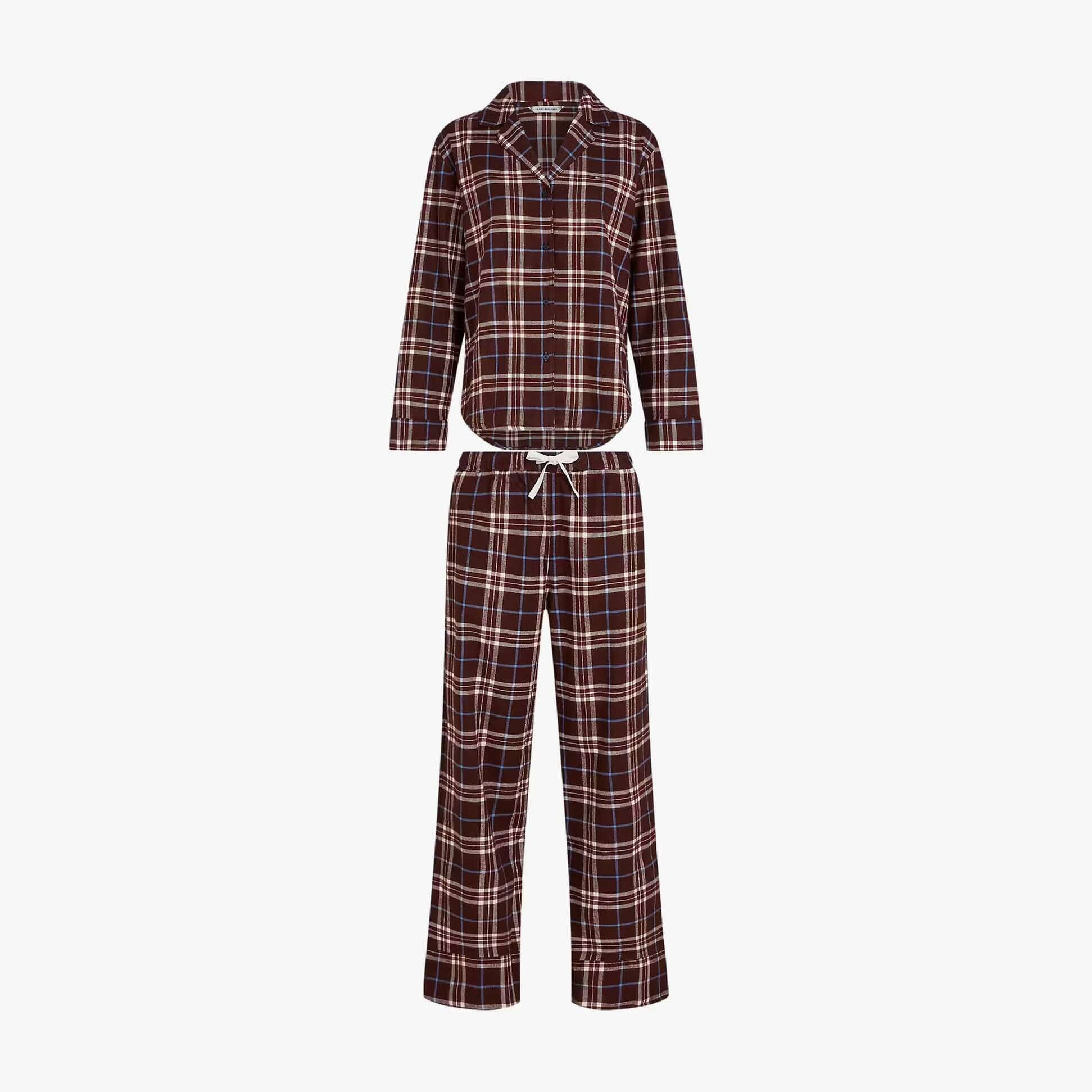 Tommy Hilfiger LS FLNL SHIRT PJ PAN Womens Set Tartan Reiker Burgundy front view, showcasing classic tartan pattern.