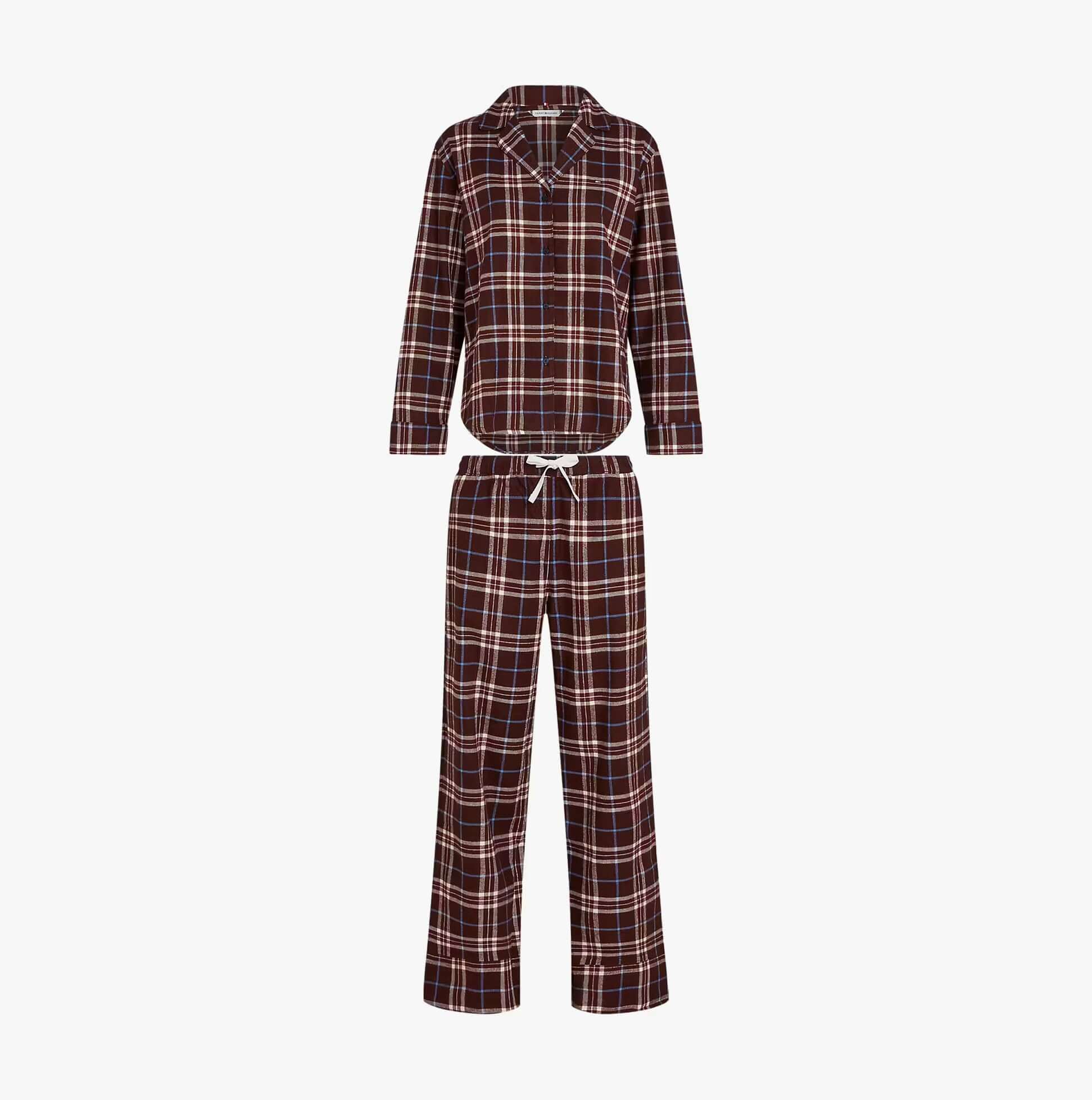 Tommy Hilfiger LS FLNL SHIRT PJ PAN Womens Set Tartan Reiker Burgundy front view, showcasing classic tartan pattern.