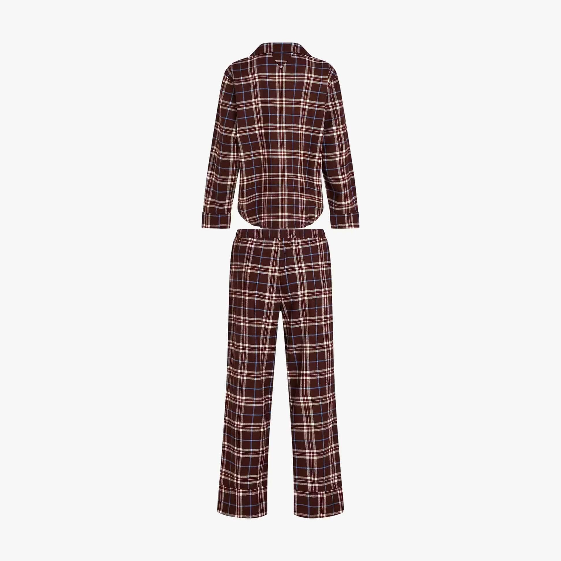 Tommy Hilfiger LS FLNL SHIRT PJ PAN Womens Set Tartan Reiker Burgundy back view, showcasing plaid pattern and fit.