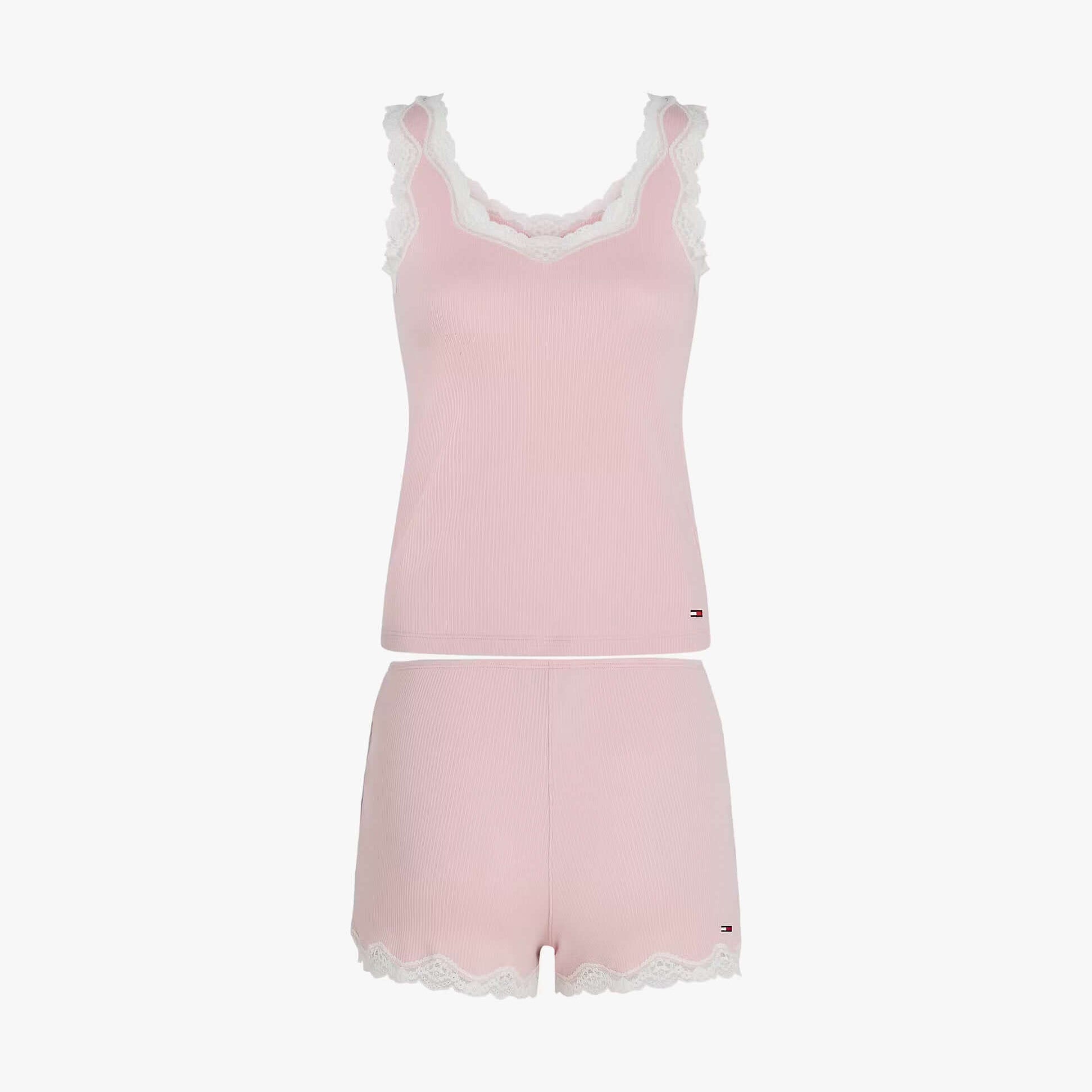 Tommy Hilfiger LACE CAMI & SHORT PJ Womens Set Foggy Pink front view featuring lace trim details.