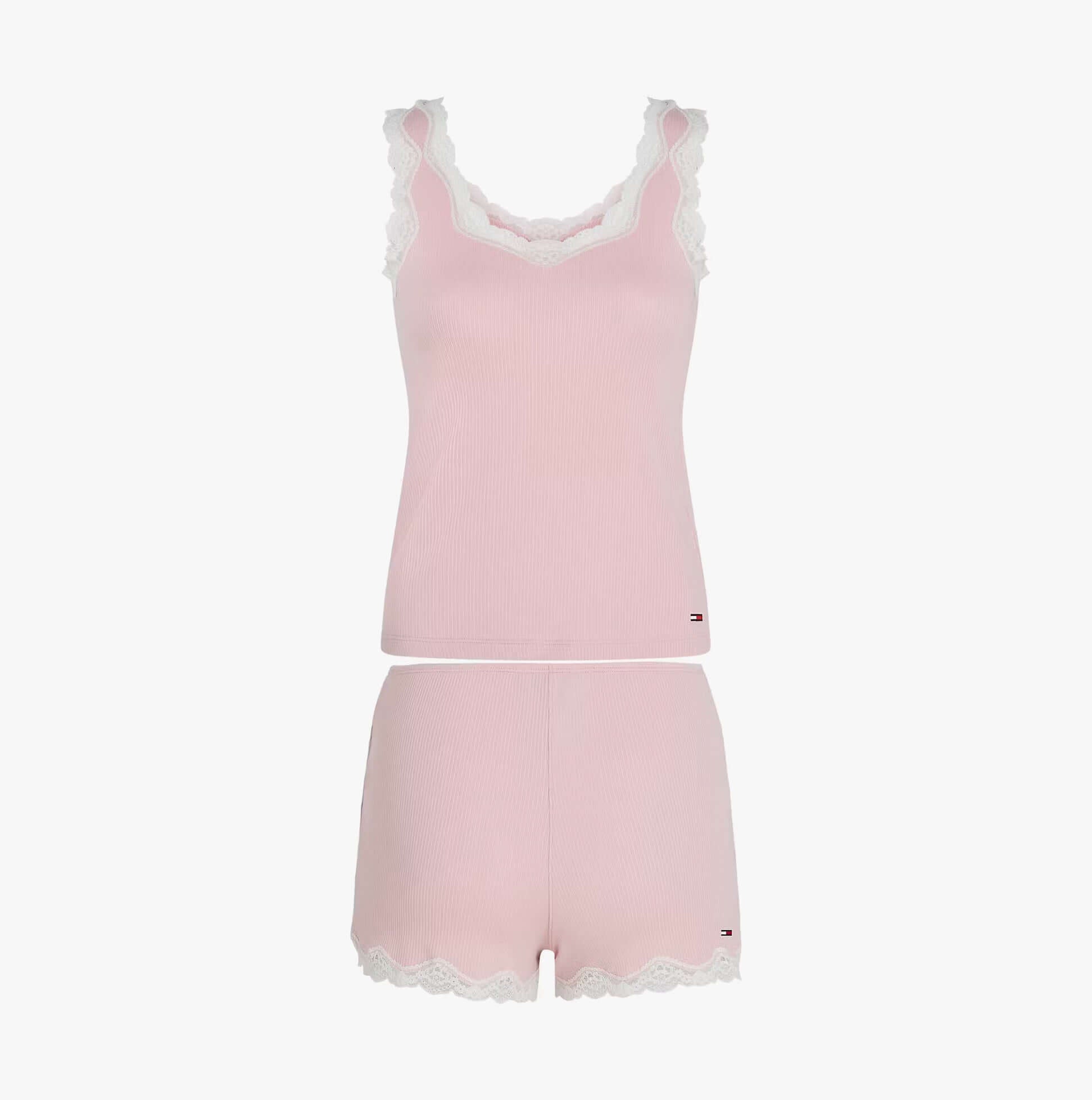 Tommy Hilfiger LACE CAMI & SHORT PJ Womens Set Foggy Pink front view featuring lace trim details.