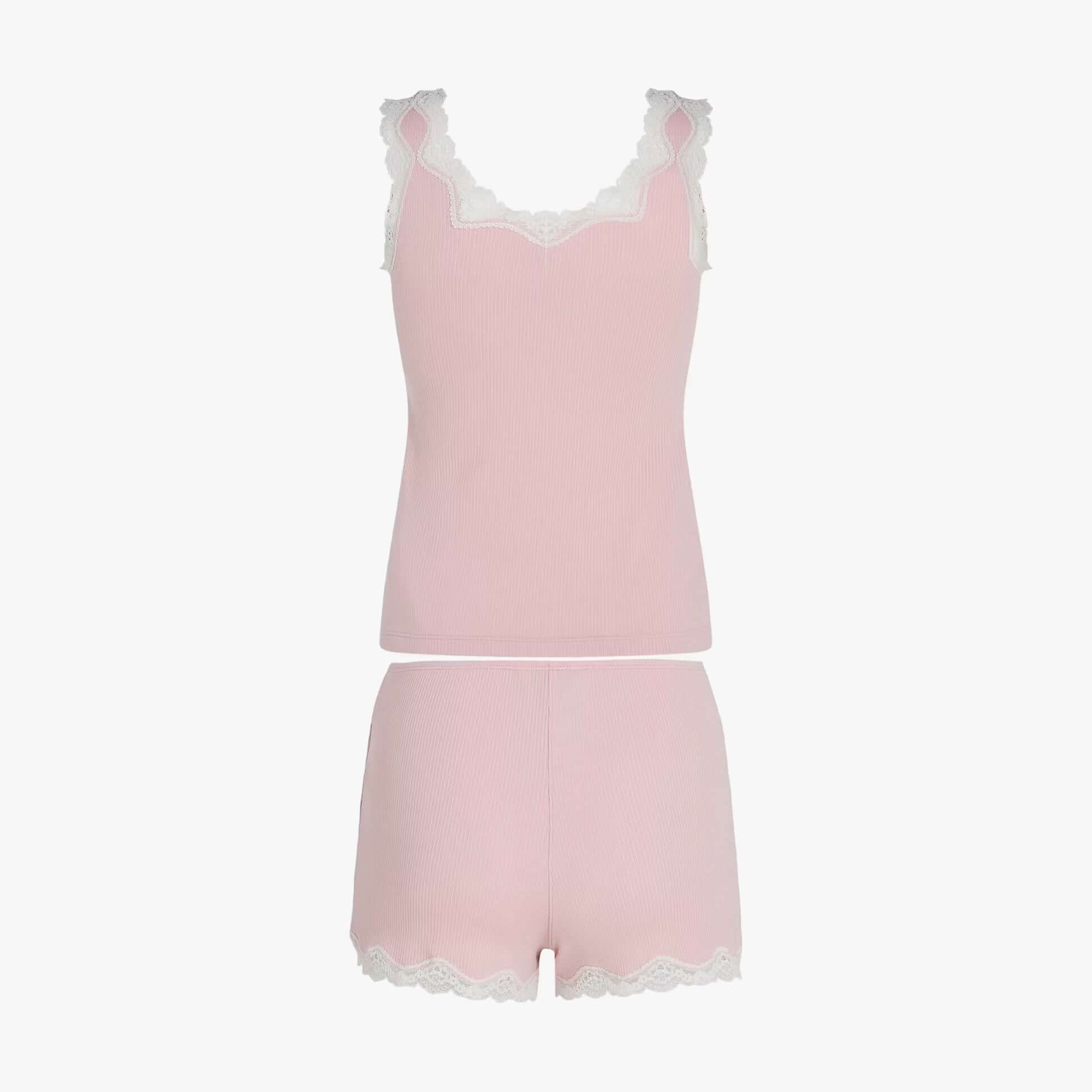 Tommy Hilfiger LACE CAMI & SHORT PJ Womens Set Foggy Pink front view, featuring lace detailing and a soft pink color.