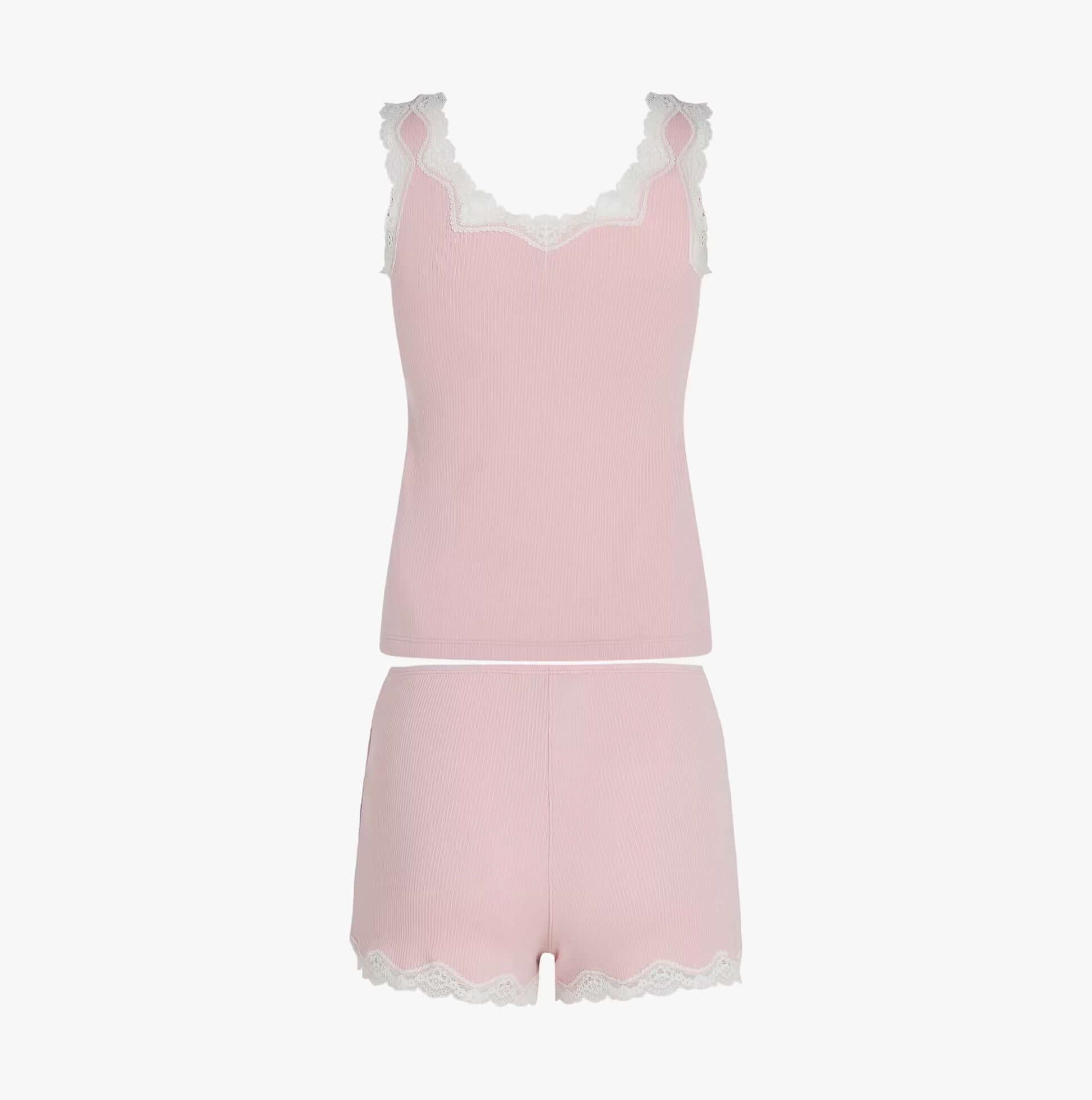 Tommy Hilfiger LACE CAMI & SHORT PJ Womens Set Foggy Pink front view, featuring lace detailing and a soft pink color.