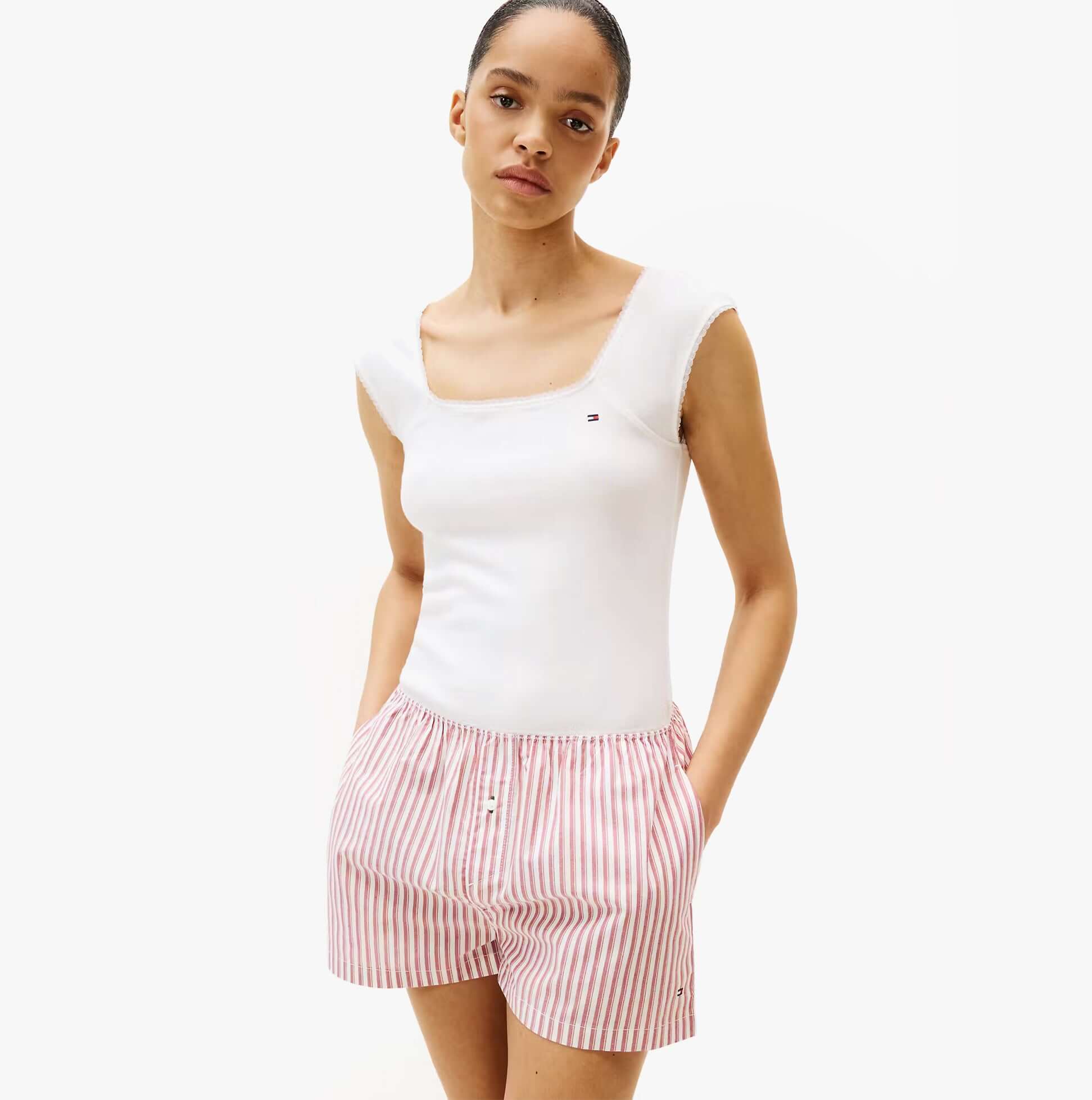 Tommy Hilfiger GIFT PNTLLE POPLIN S Womens Shorts Multicoloured front view with white top and striped shorts.