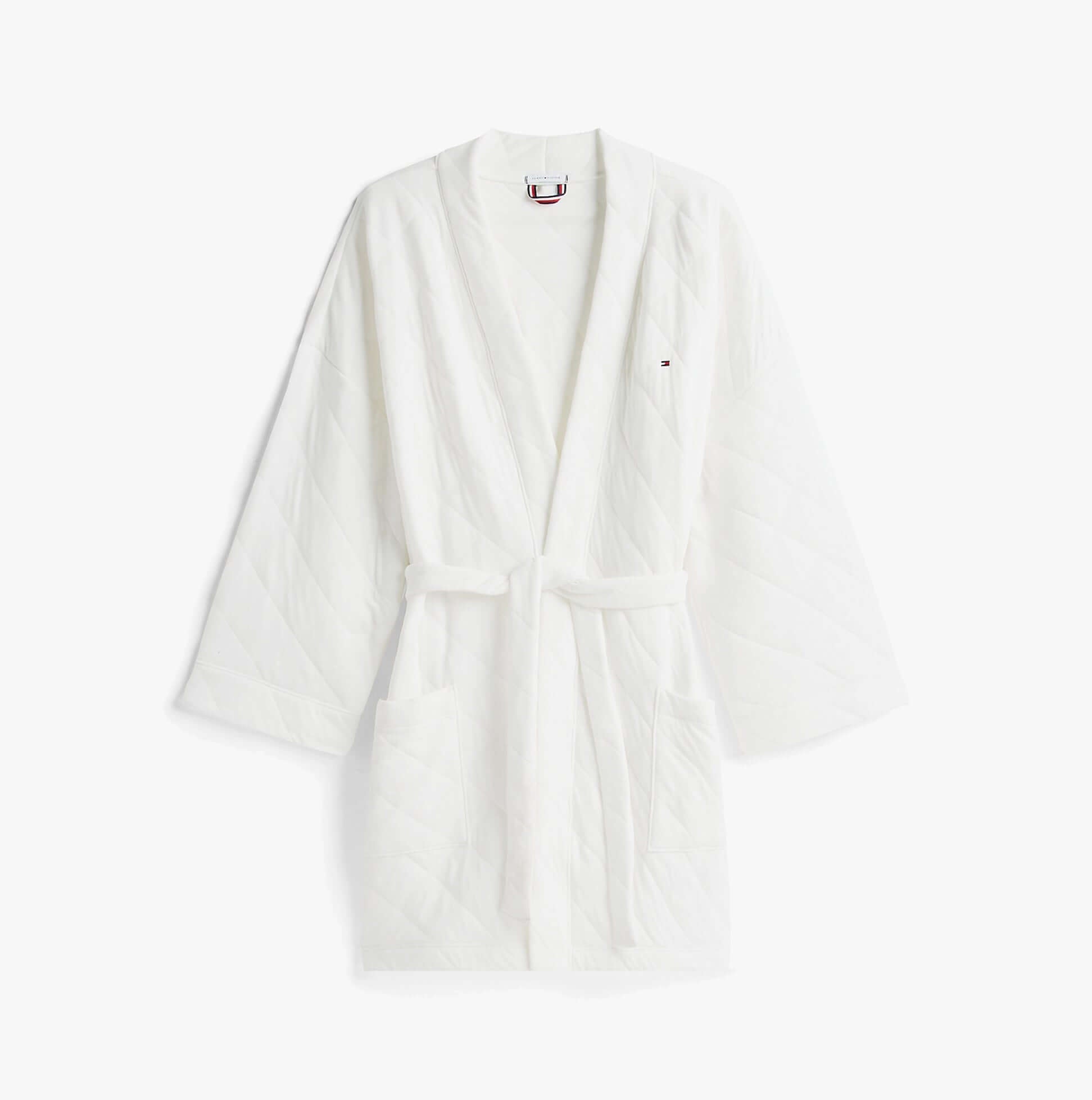 Tommy Hilfiger GIFT QUILTED ROBE Womens Bathrobes Ivory front view with long sleeves and belts