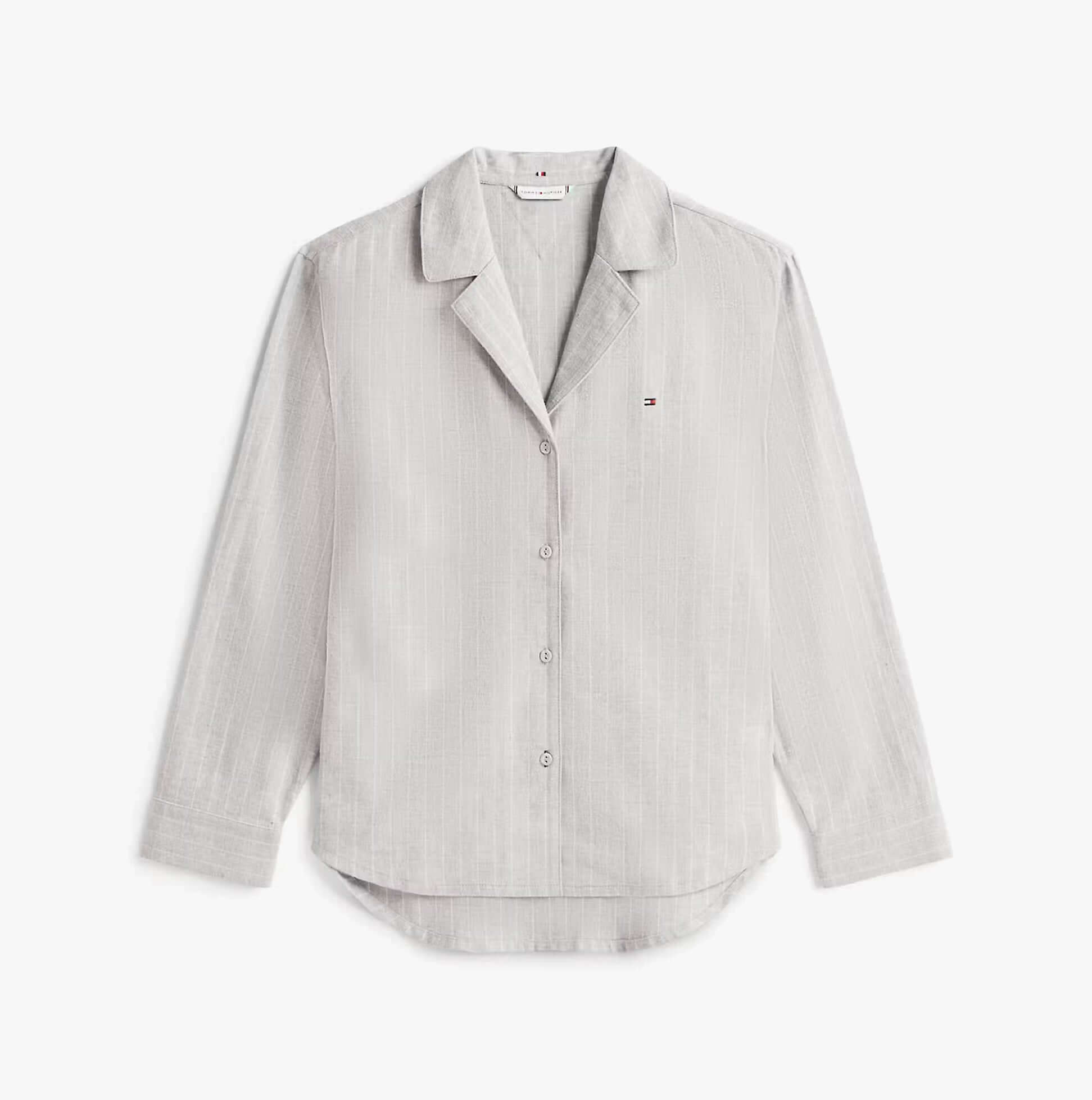 Tommy Hilfiger STRIPE FLANNEL SHIRT Womens Set Thin Stripe Light Grey front view showcasing relaxed fit and long sleeves.