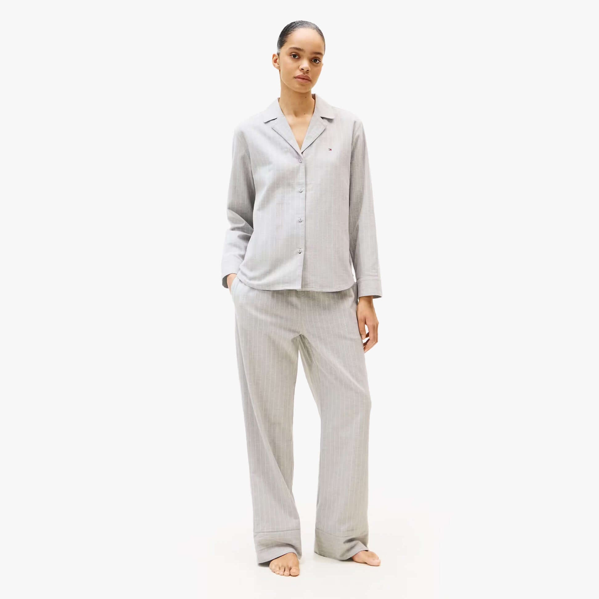 Tommy Hilfiger STRIPE FLANNEL SHIRT Womens Set Thin Stripe Light Grey front view model wearing the set, showcasing relaxed fit and long sleeves.