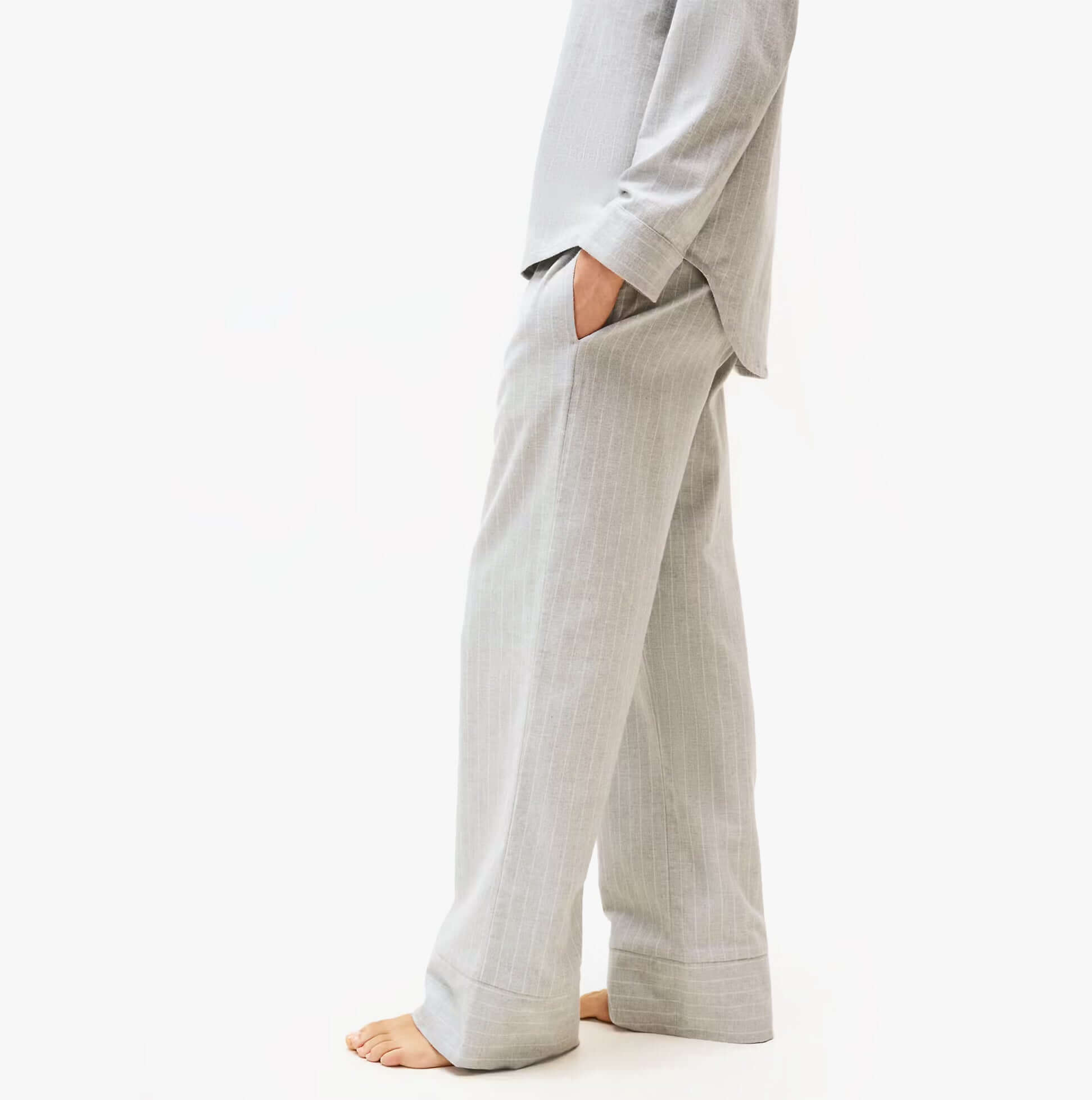 Tommy Hilfiger STRIPE FLANNEL SHIRT Womens Set Thin Stripe Light Grey side view with relaxed fit and pockets.