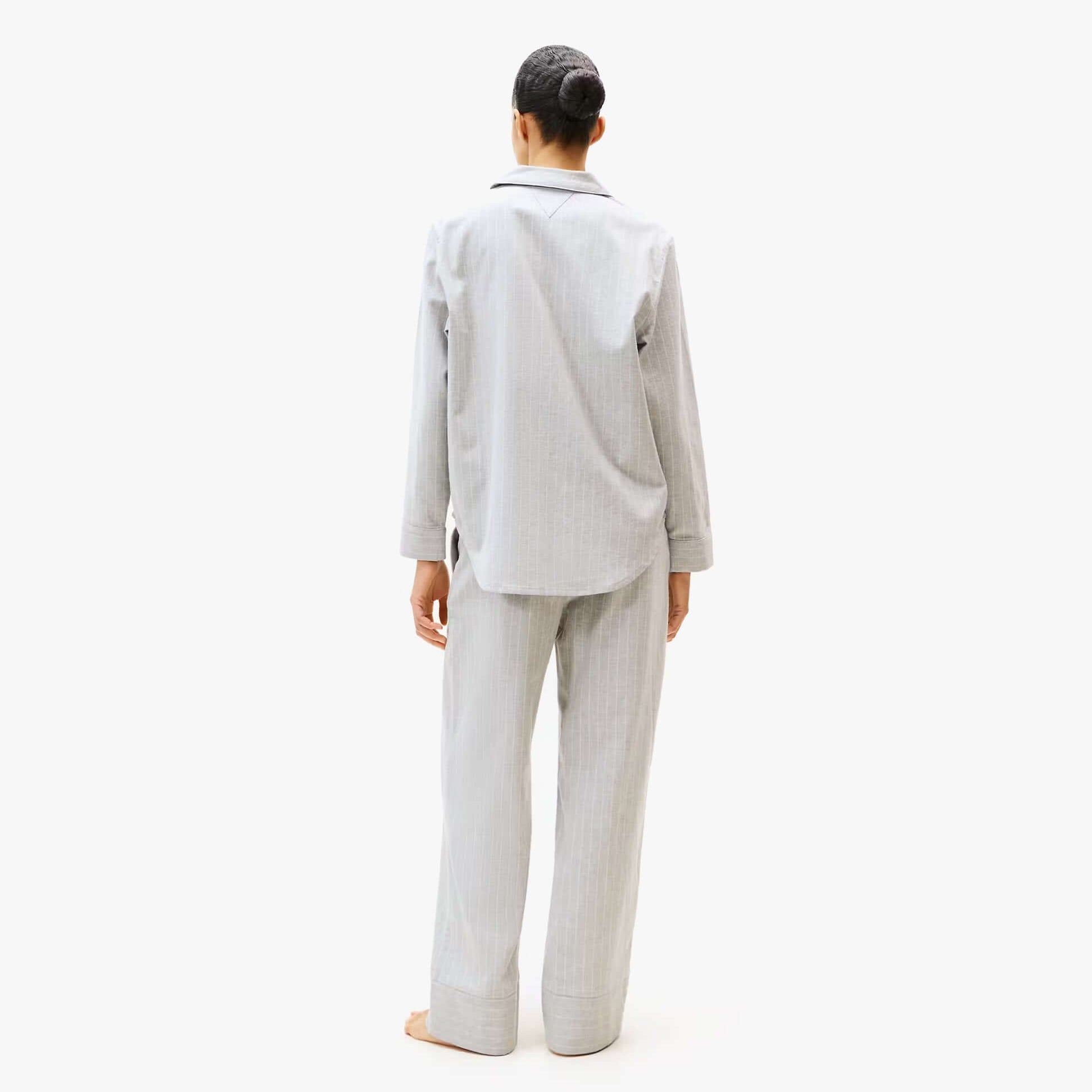 Tommy Hilfiger STRIPE FLANNEL SHIRT Womens Set Thin Stripe Light Grey back view showcasing the relaxed fit and long sleeves.
