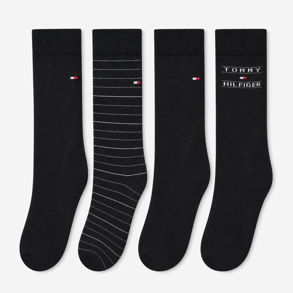 Tommy Hilfiger 4 Pack Giftbox Tommy Stripe Mens Crew Socks Black