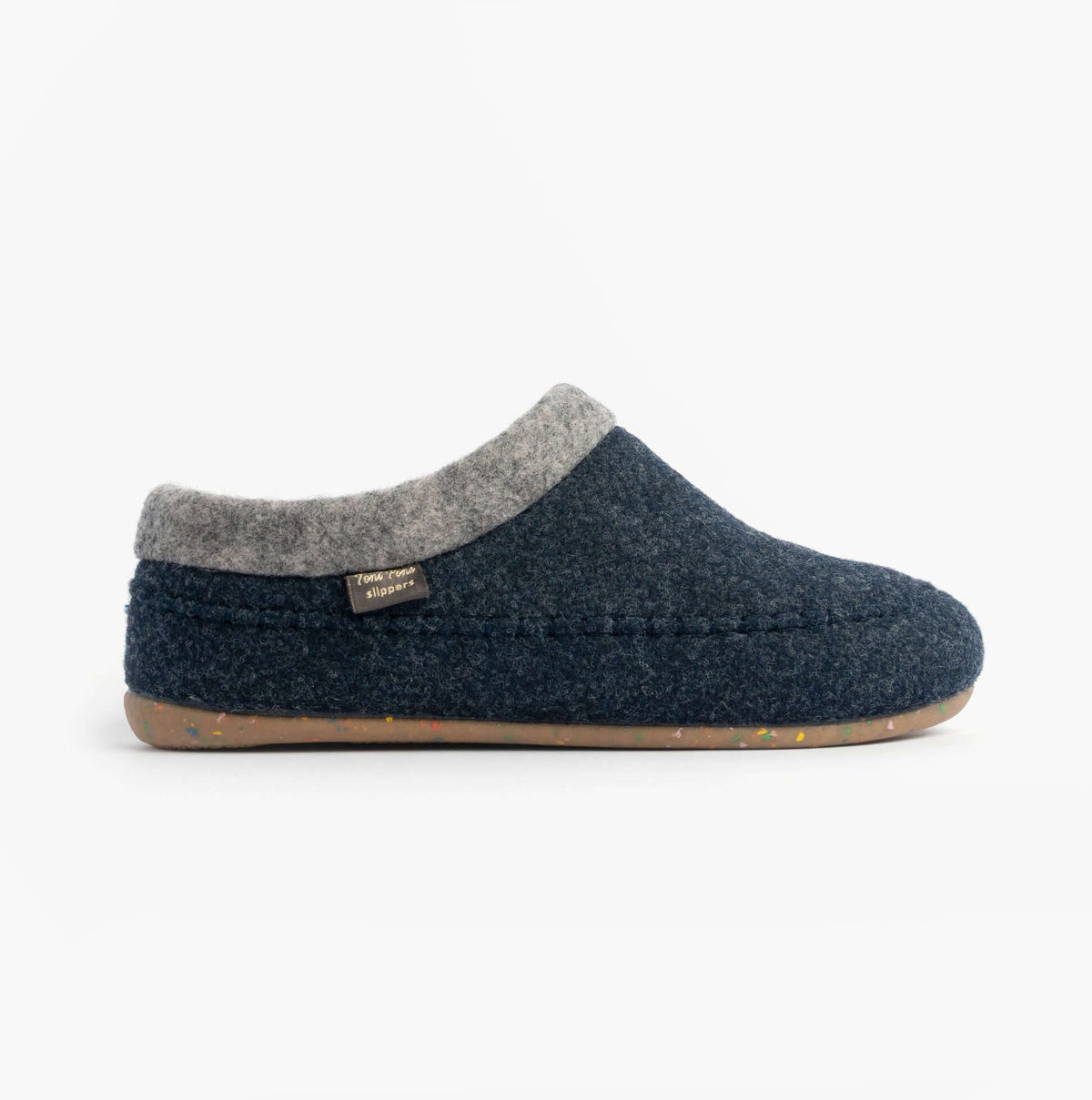 Toni Pons ALBONS Womens Wedge Mule Slippers Blue side view featuring felt upper and rubber sole.