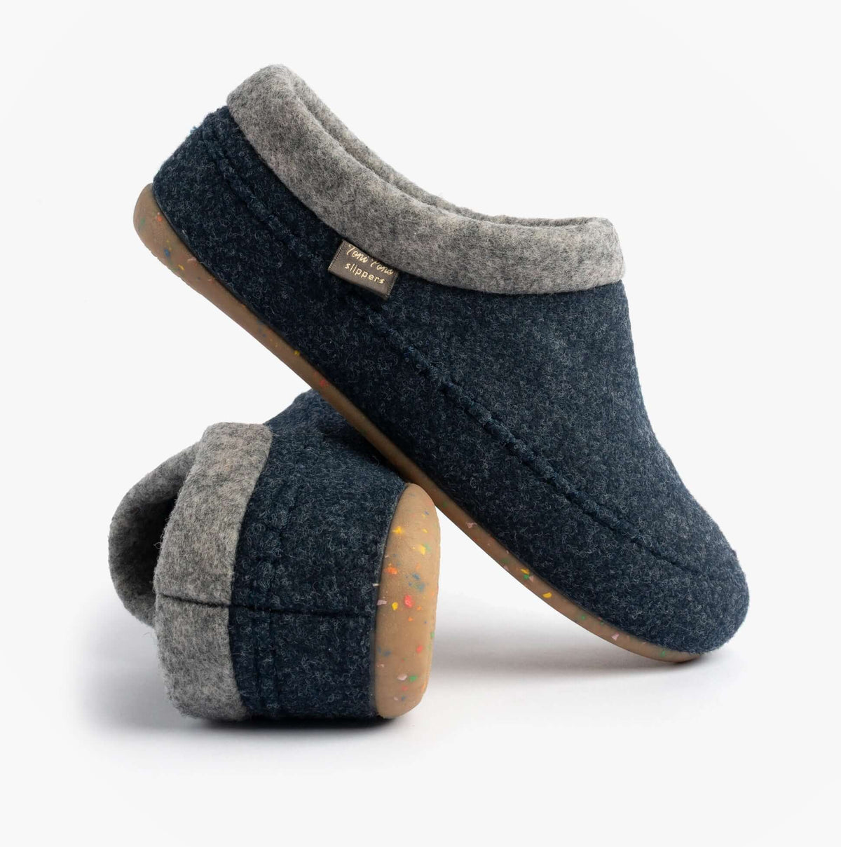Toni Pons ALBONS Womens Wedge Mule Slippers Blue side view showing felt upper and rubber sole.