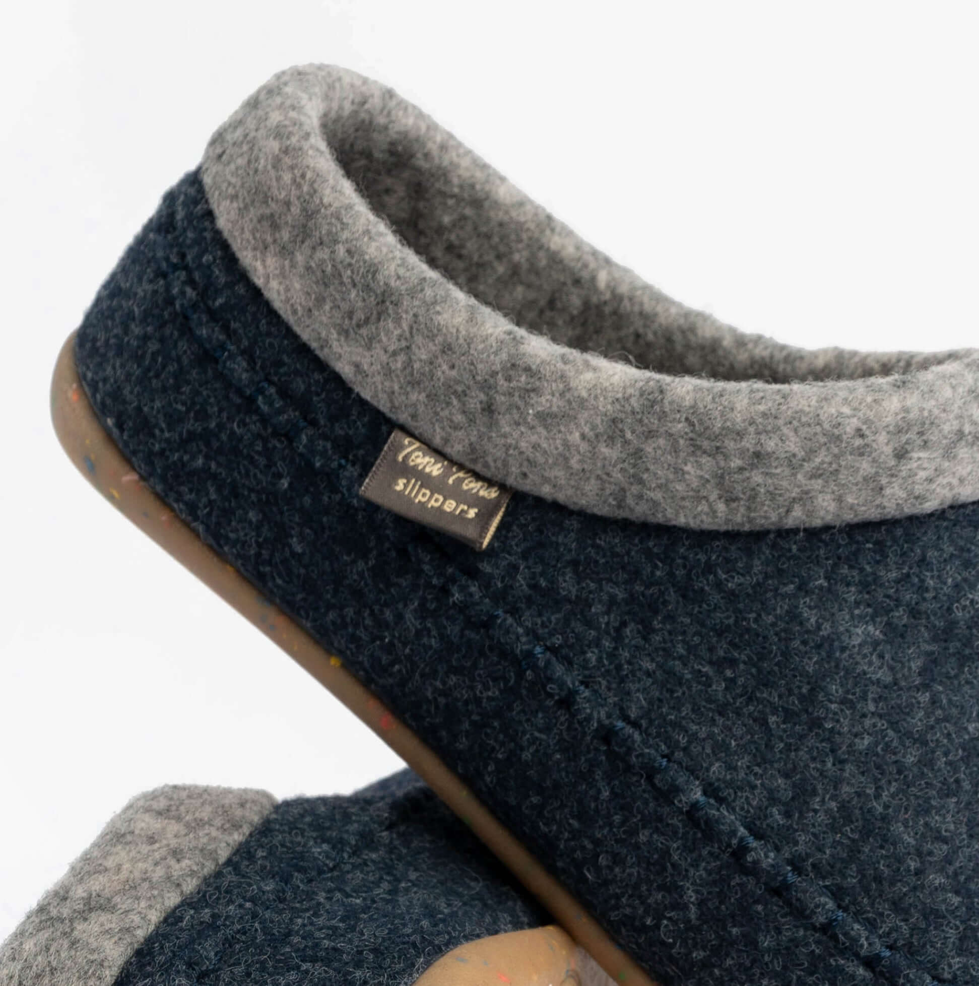 Toni Pons ALBONS Womens Wedge Mule Slippers Blue detail view showing felt upper and rubber sole.
