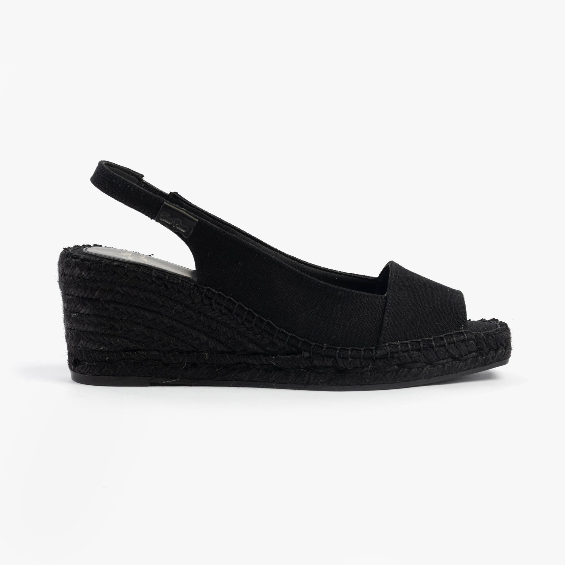Toni Pons FIORE Womens Sandals Black side view showcasing wedge heel design and textile upper.