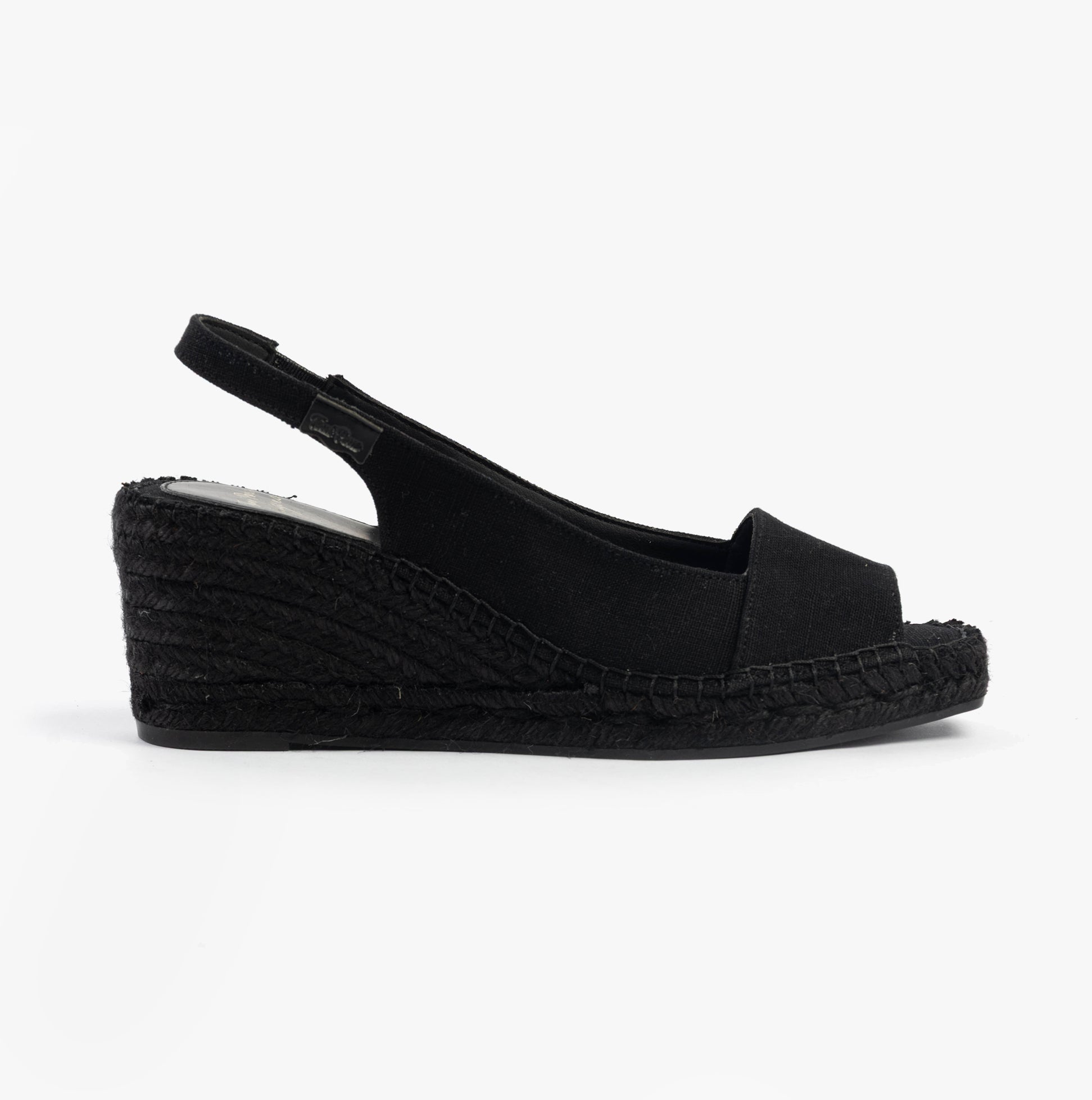 Toni Pons FIORE Womens Sandals Black side view showcasing wedge heel design and textile upper.