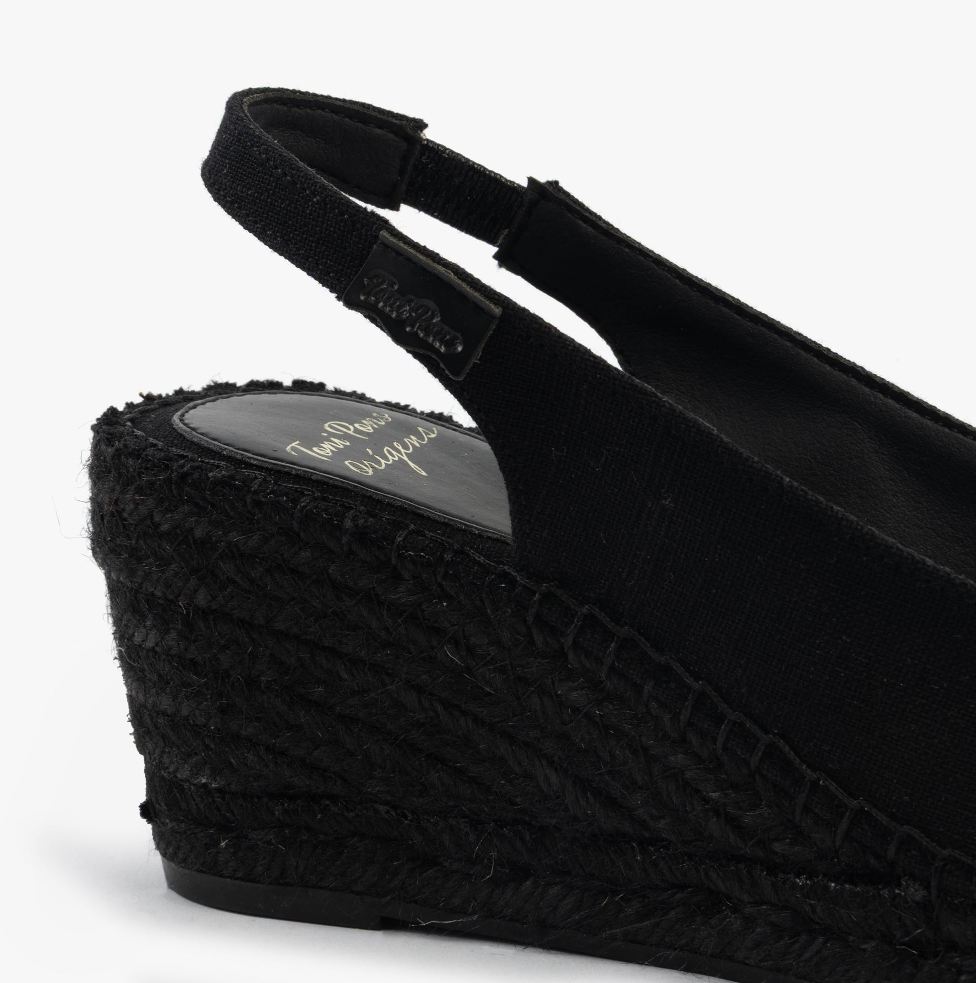 Toni Pons FIORE Womens Sandals Black side view, showcasing wedge heel and textile upper detail.