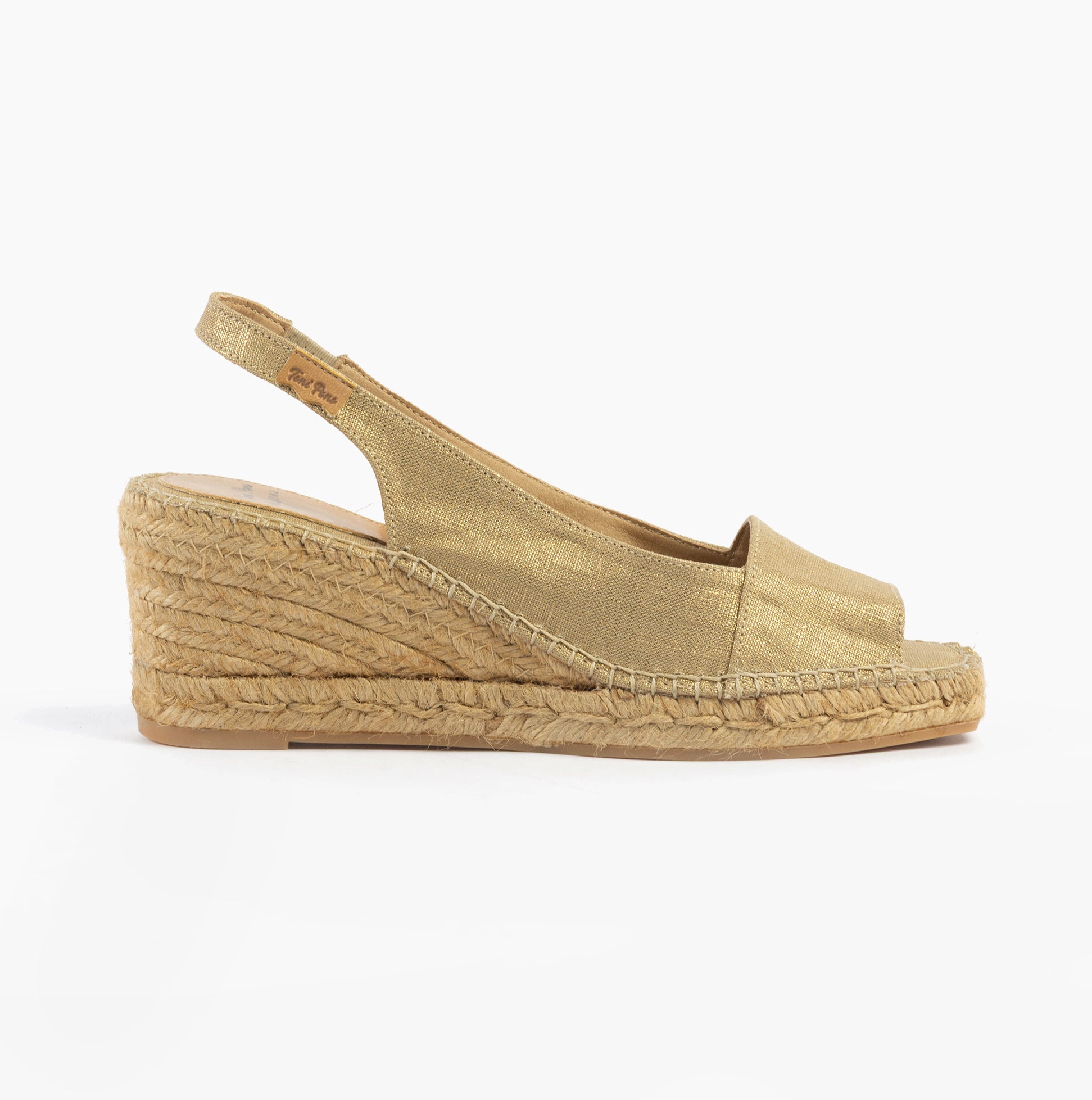 Toni Pons FIORE Womens Sandals Platinum side view showcasing gold textile upper and wedge heel.