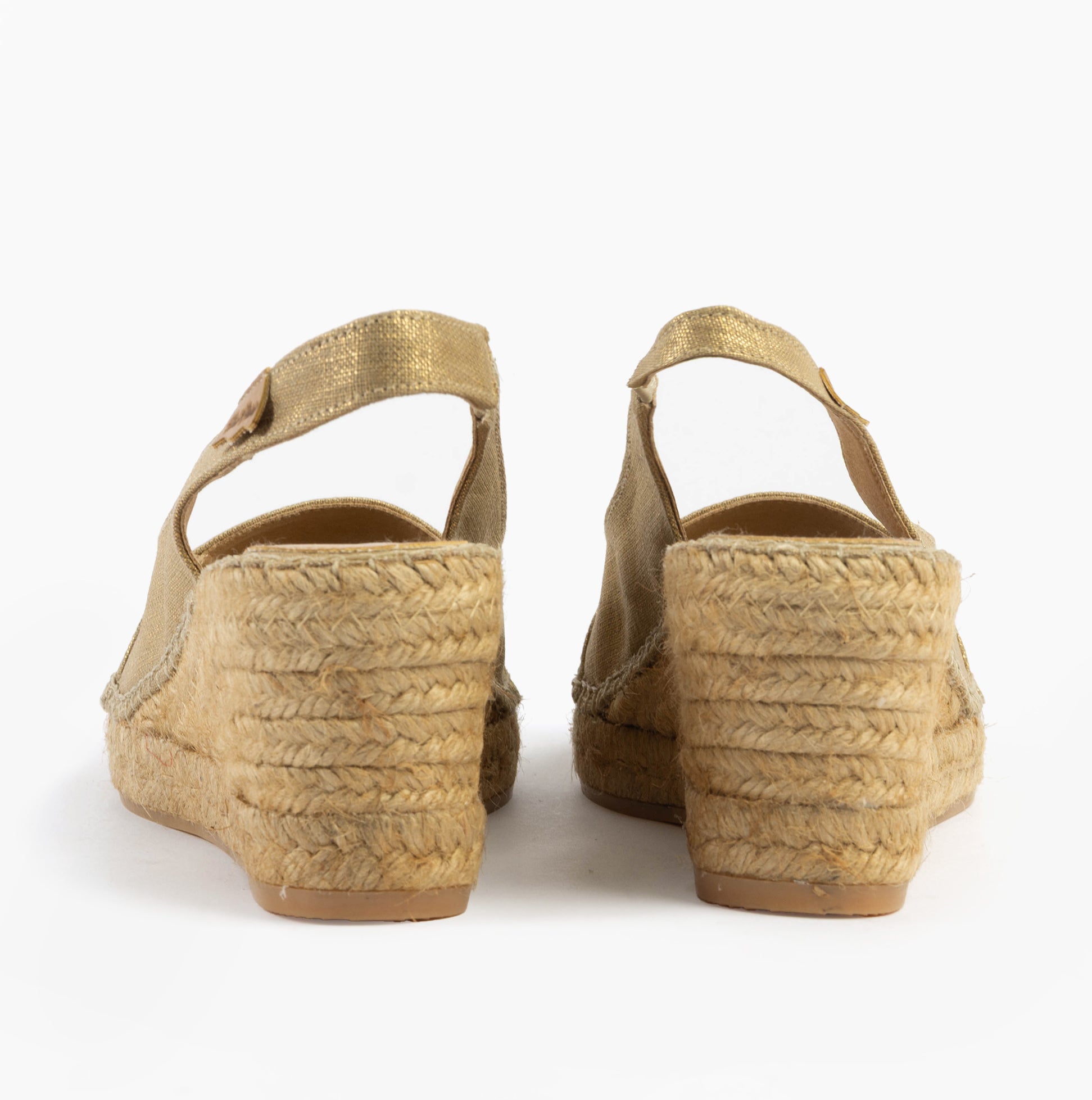 Toni Pons FIORE Womens Sandals Platinum back view of wedge heel sandals in gold textile.