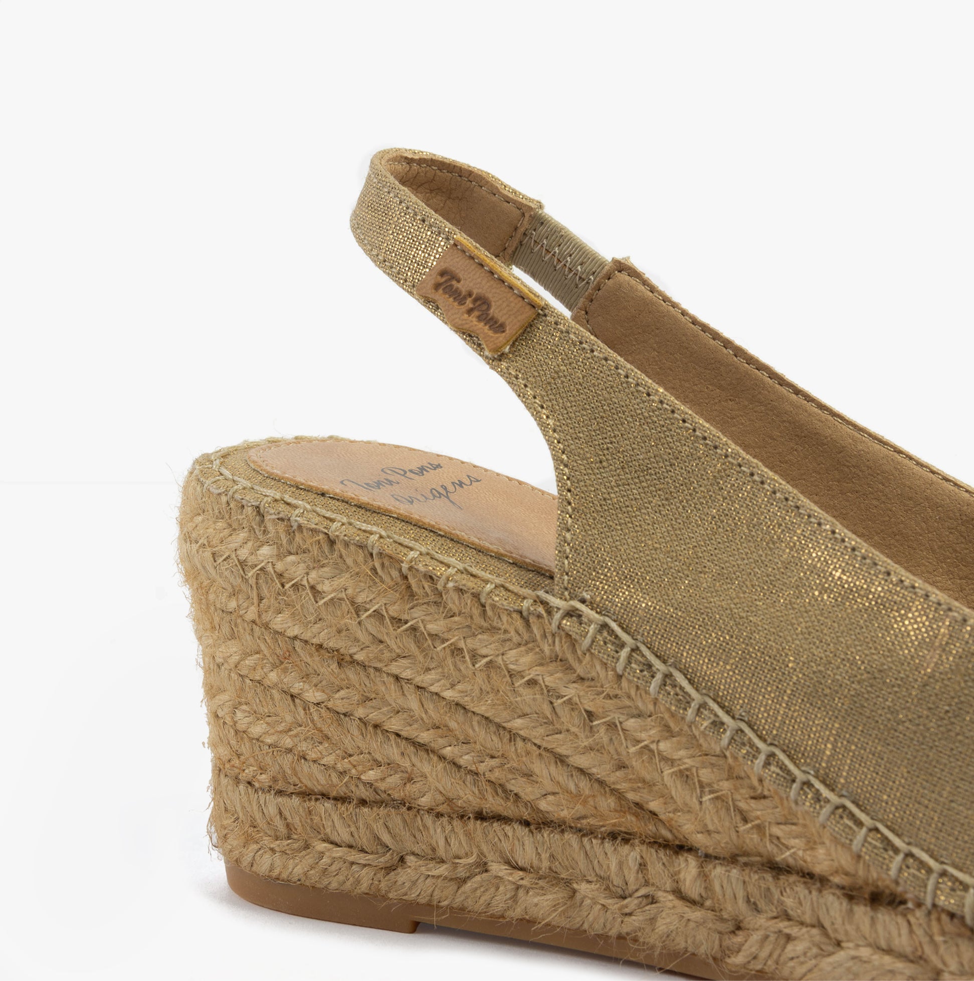 Toni Pons FIORE Womens Sandals Platinum wedge heel detail view showcasing textile upper and jute sole.