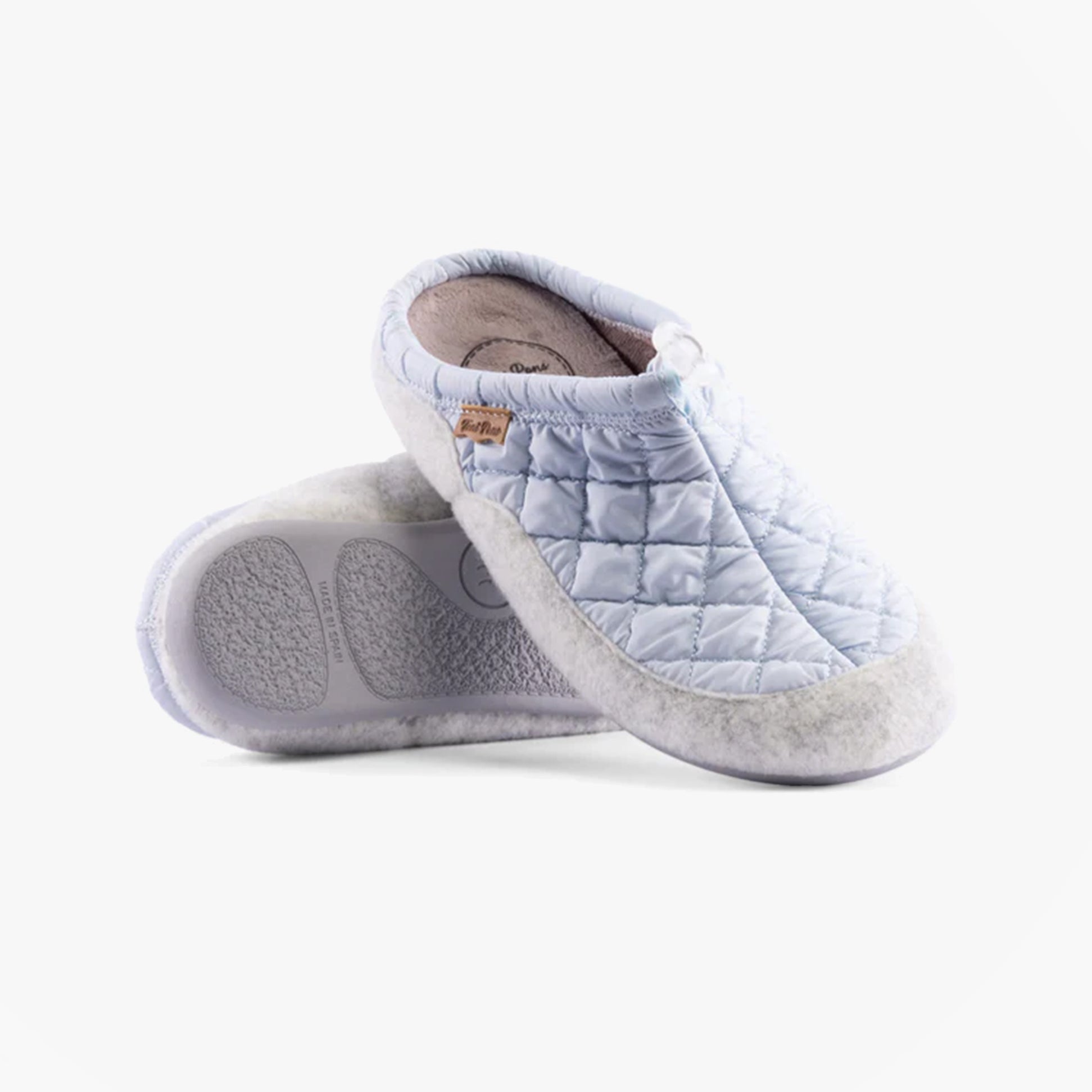 Toni Pons MEL-UM Womens Slippers Gel, side view of blue mules with quilted upper and soft lining.
