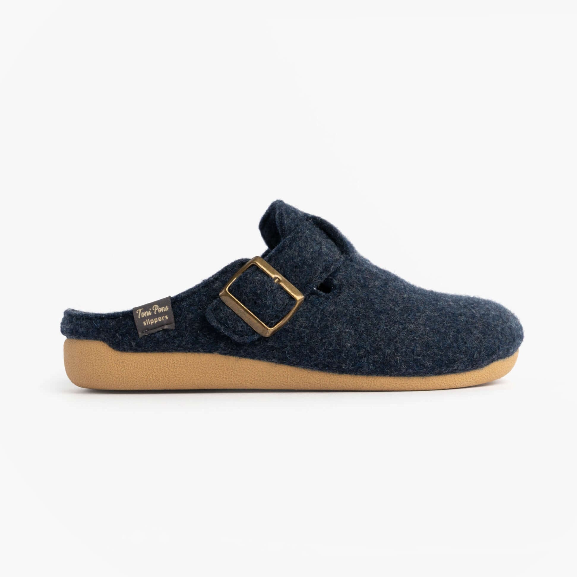 Toni Pons MIMA-FP Womens Mule Slippers Blue side view showcasing felt upper and rubber sole.