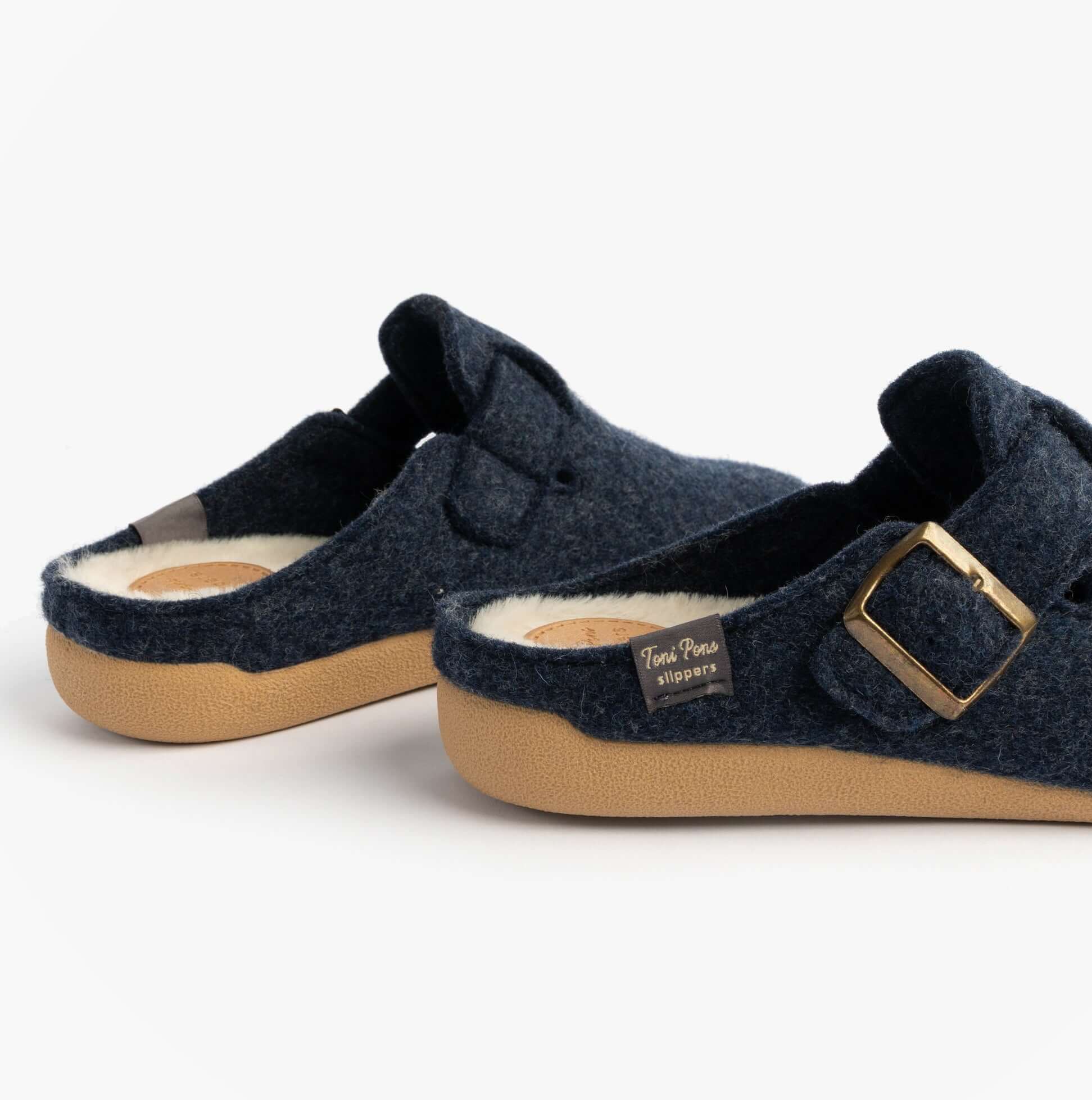 Toni Pons MIMA-FP Womens Mule Slippers Blue side view showcasing felt upper and faux fur lining with slip-on design.