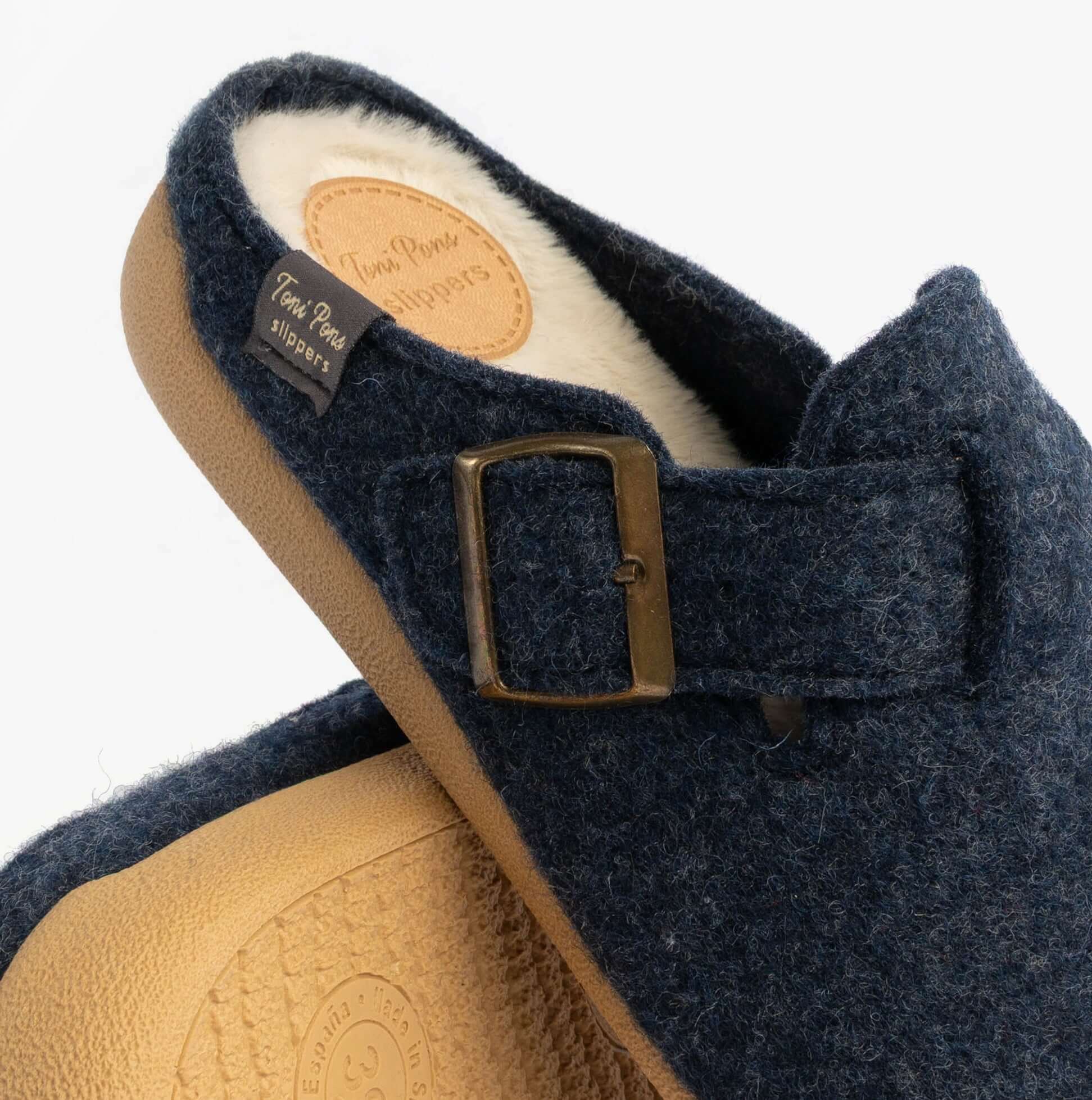 Toni Pons MIMA-FP Womens Mule Slippers Blue detail view showcasing felt upper and faux fur lining.
