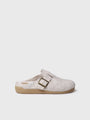Toni Pons MIMA-FP Womens Slippers Cru side view showing soft felt upper and buckle detail on slip-on mule style.