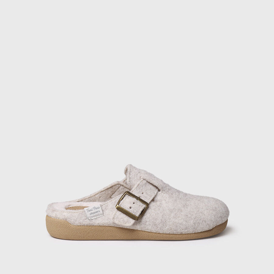 Toni Pons MIMA-FP Womens Slippers Cru side view showing soft felt upper and buckle detail on slip-on mule style.