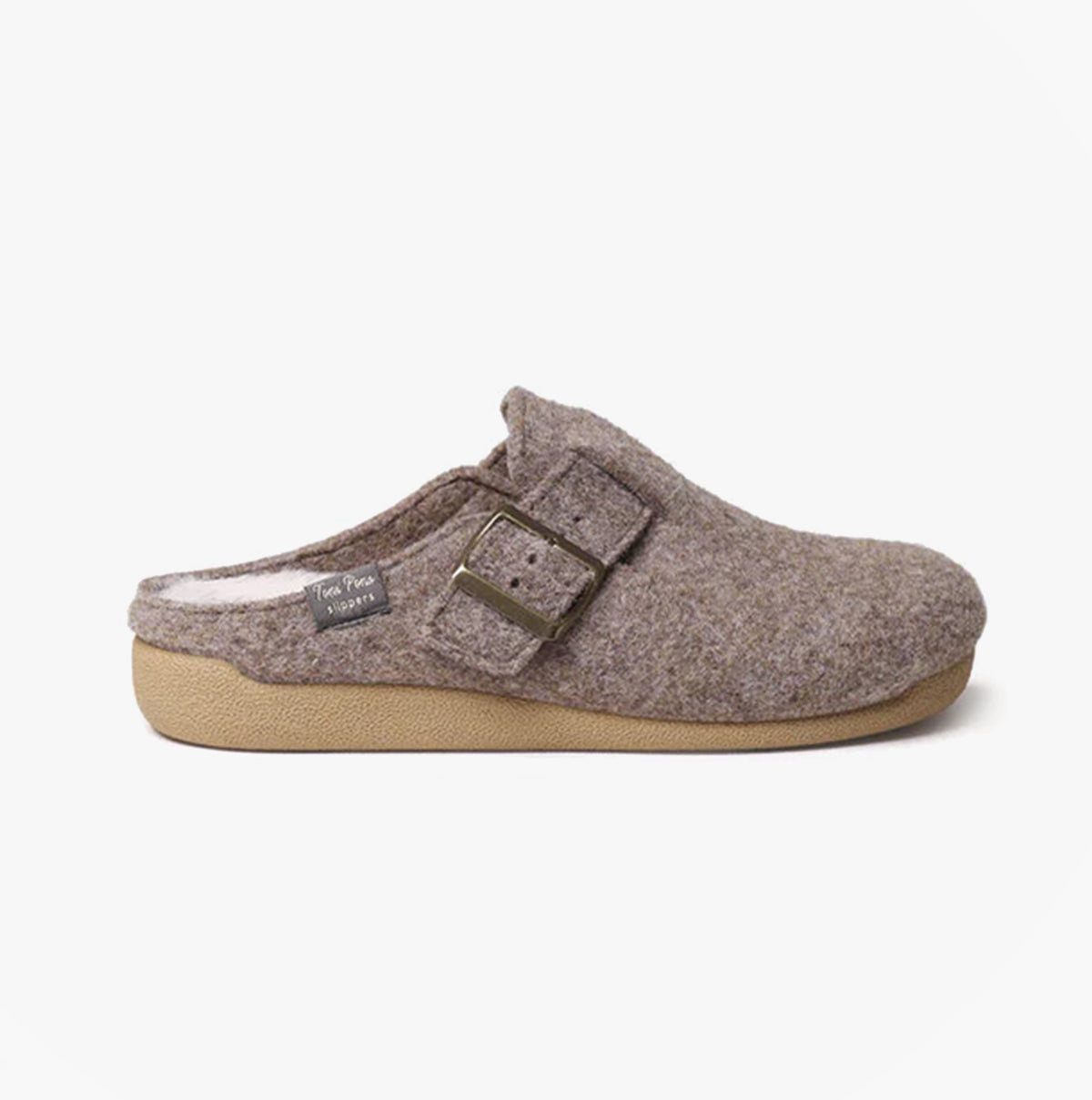 Toni Pons MIMA-FP Womens Mule Slippers Taupe side view showcasing felt upper and rubber sole.