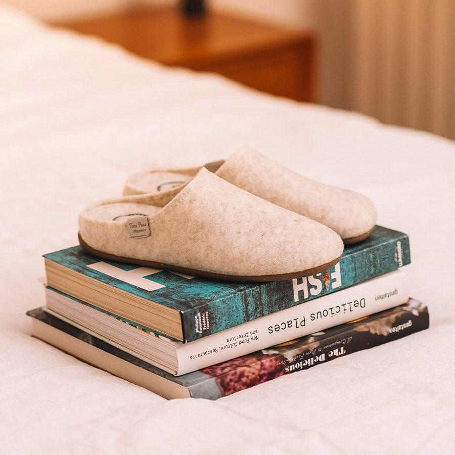 Toni Pons MONA-FR Womens Cru slippers in felt, side view on top of stacked books.