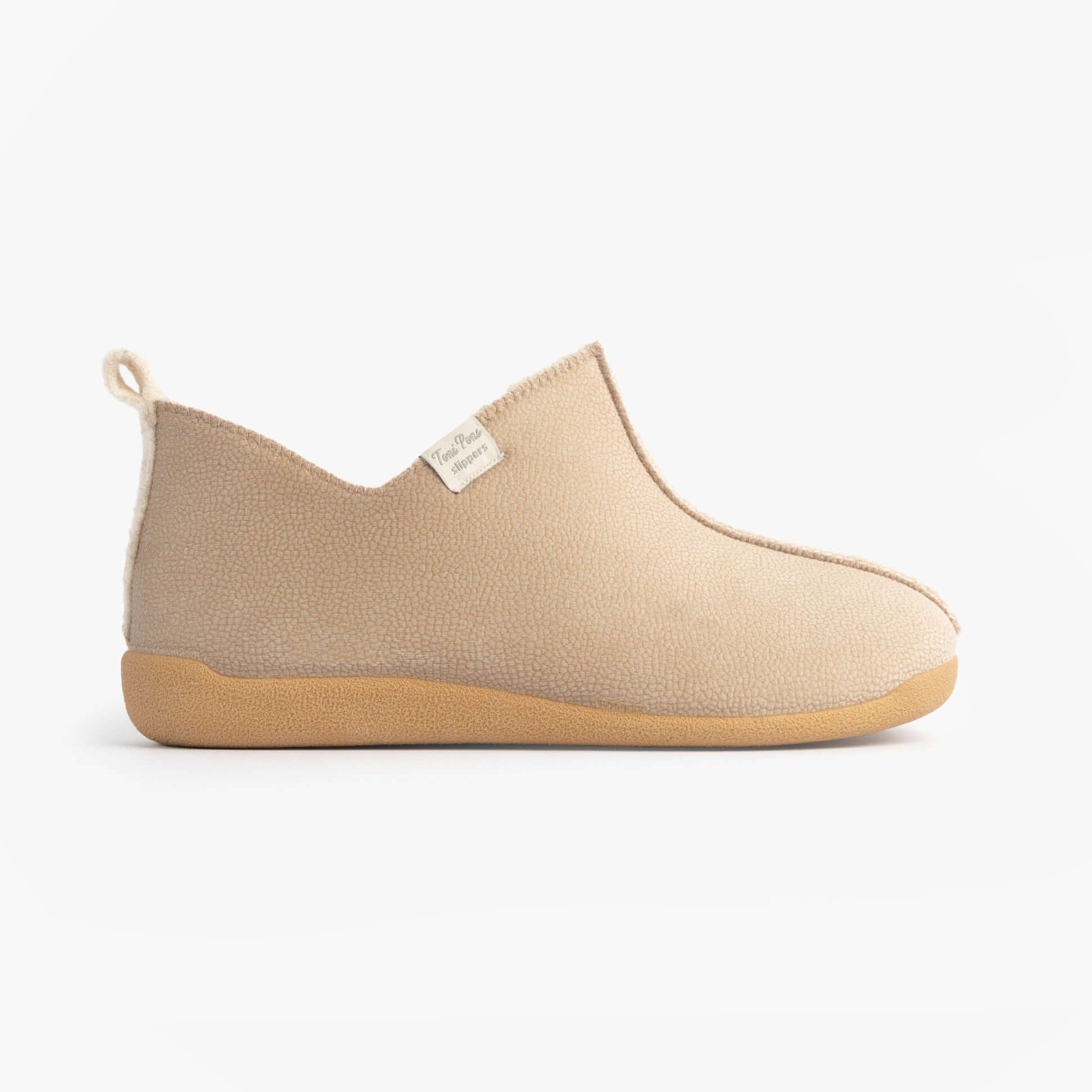 Toni Pons MOSCU-BD Womens Boot Slippers Beige side view showing soft fabric upper and slip-on design.