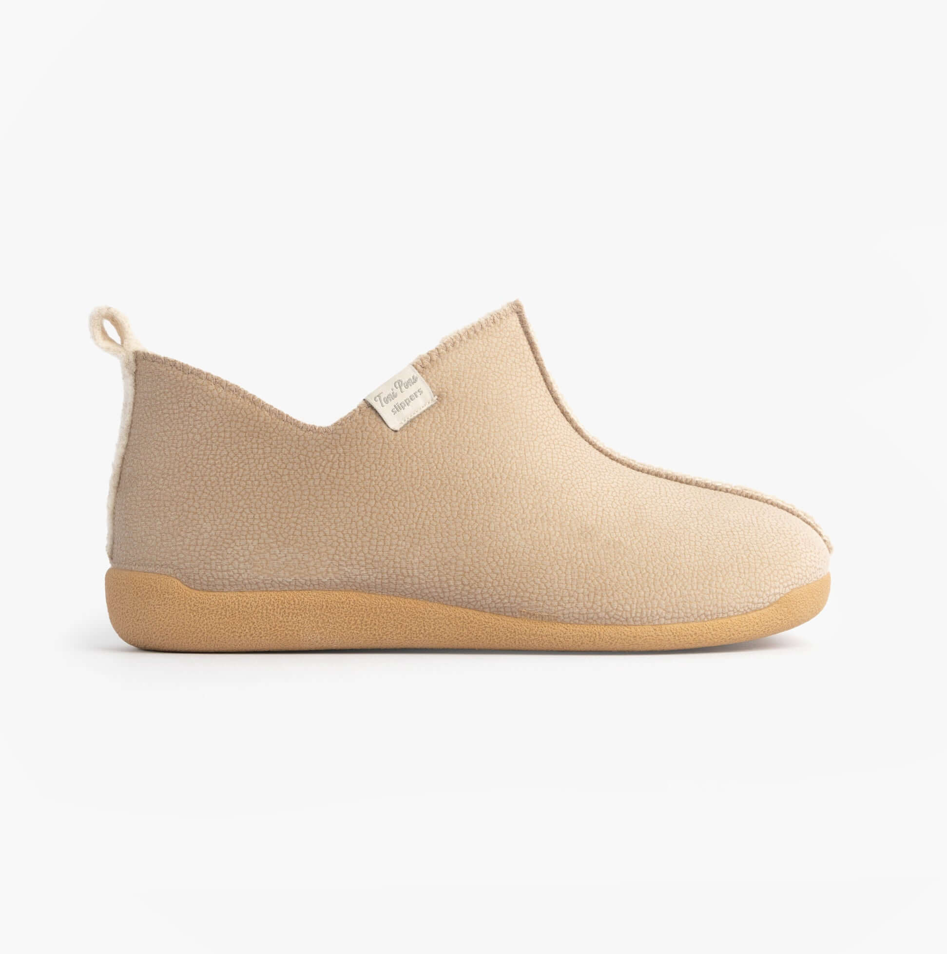 Toni Pons MOSCU-BD Womens Boot Slippers Beige side view showing soft fabric upper and slip-on design.