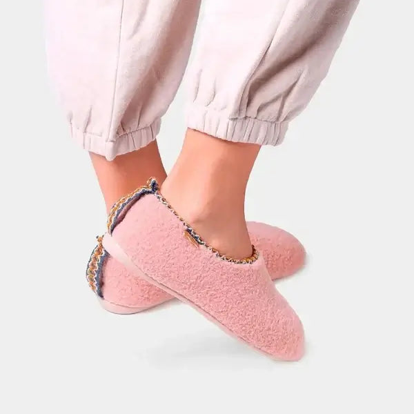 Toni Pons MARTA-SH Womens Full Slippers Pink worn by a model with cozy loungewear, emphasizing comfort and style.