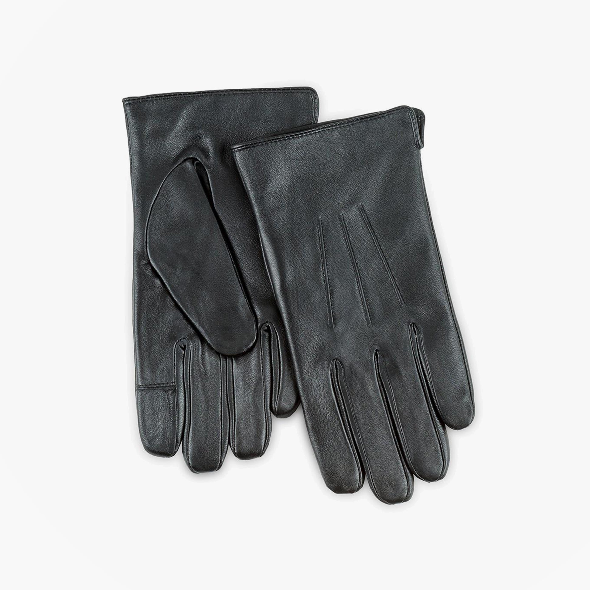 Totes Isotoner SMARTOUCH WATER REPELLENT 3 POINT LEATHER Mens Gloves Black front view showing soft genuine leather design.