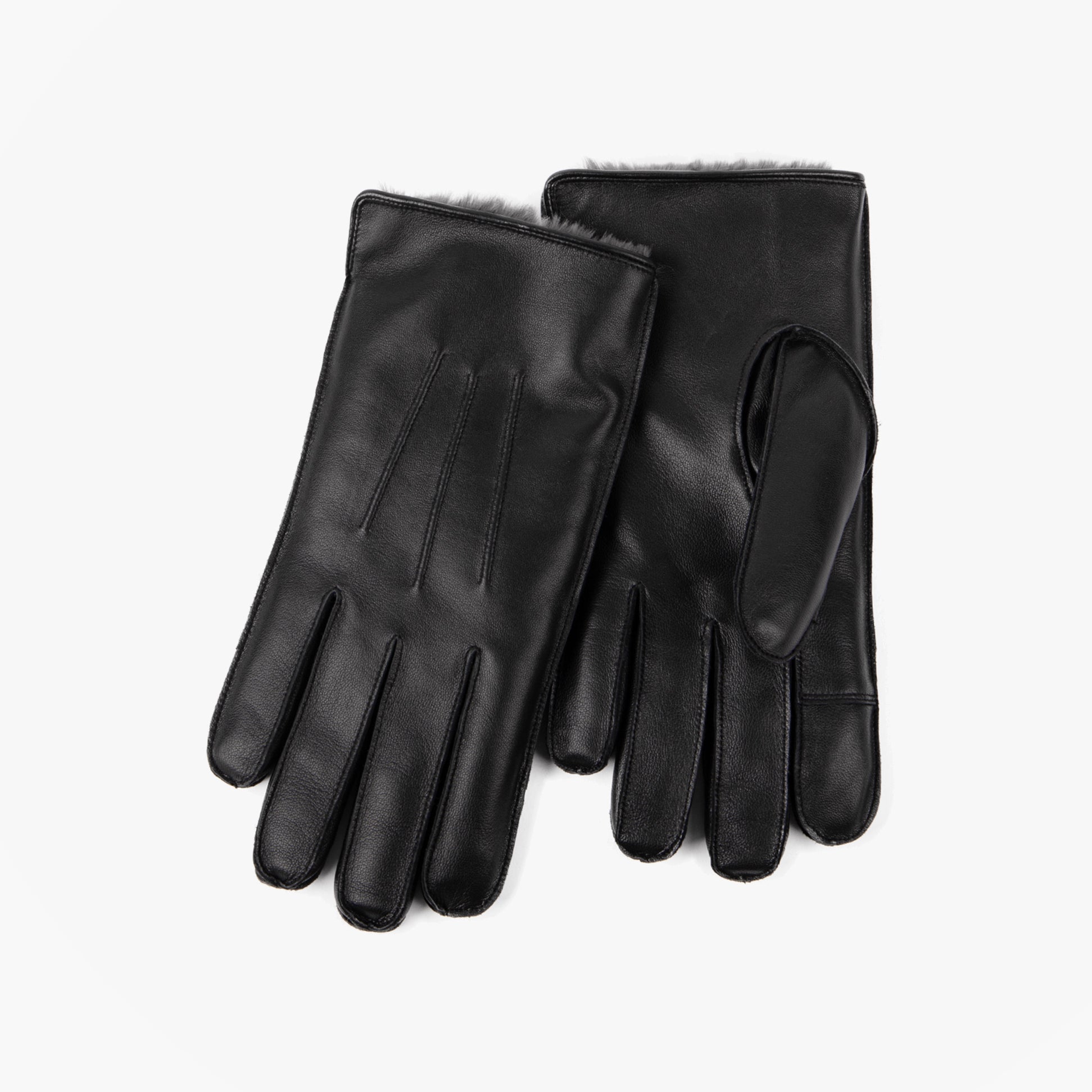 Totes Isotoner PREMIUM 3 POINT LEATHER SMARTOUCH Mens Gloves Black front view, showcasing genuine leather and faux fur lining.
