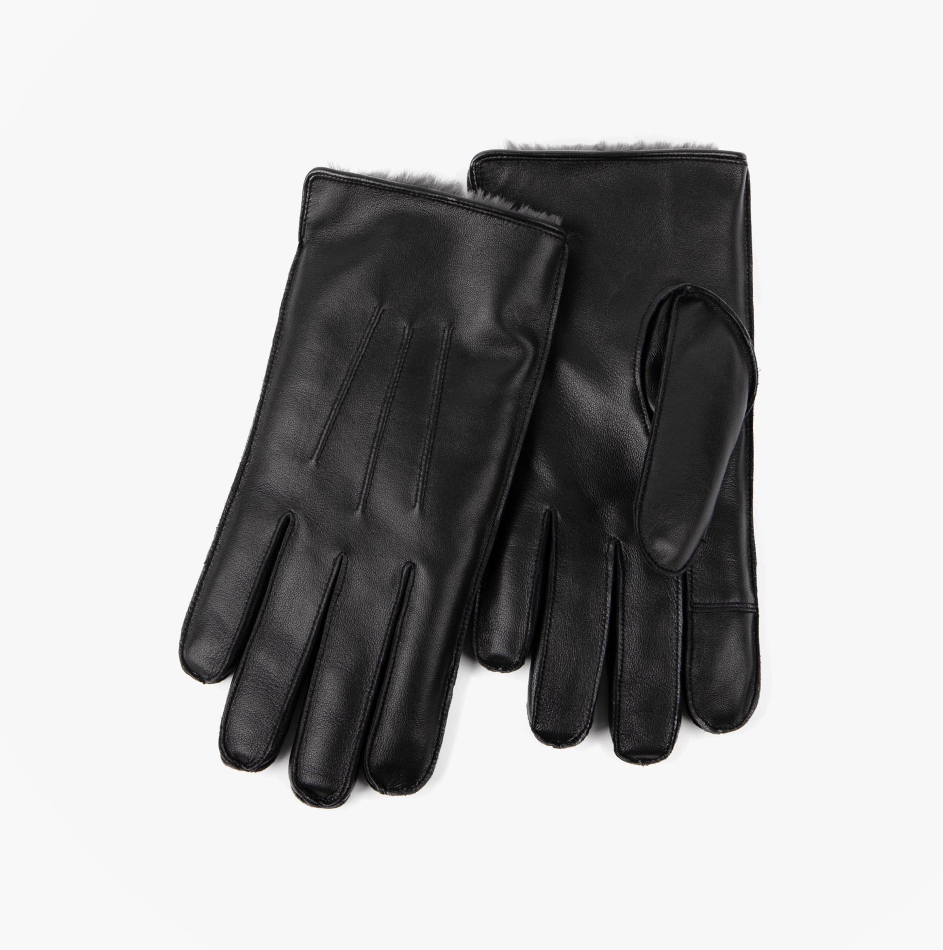 Totes Isotoner PREMIUM 3 POINT LEATHER SMARTOUCH Mens Gloves Black front view, showcasing genuine leather and faux fur lining.