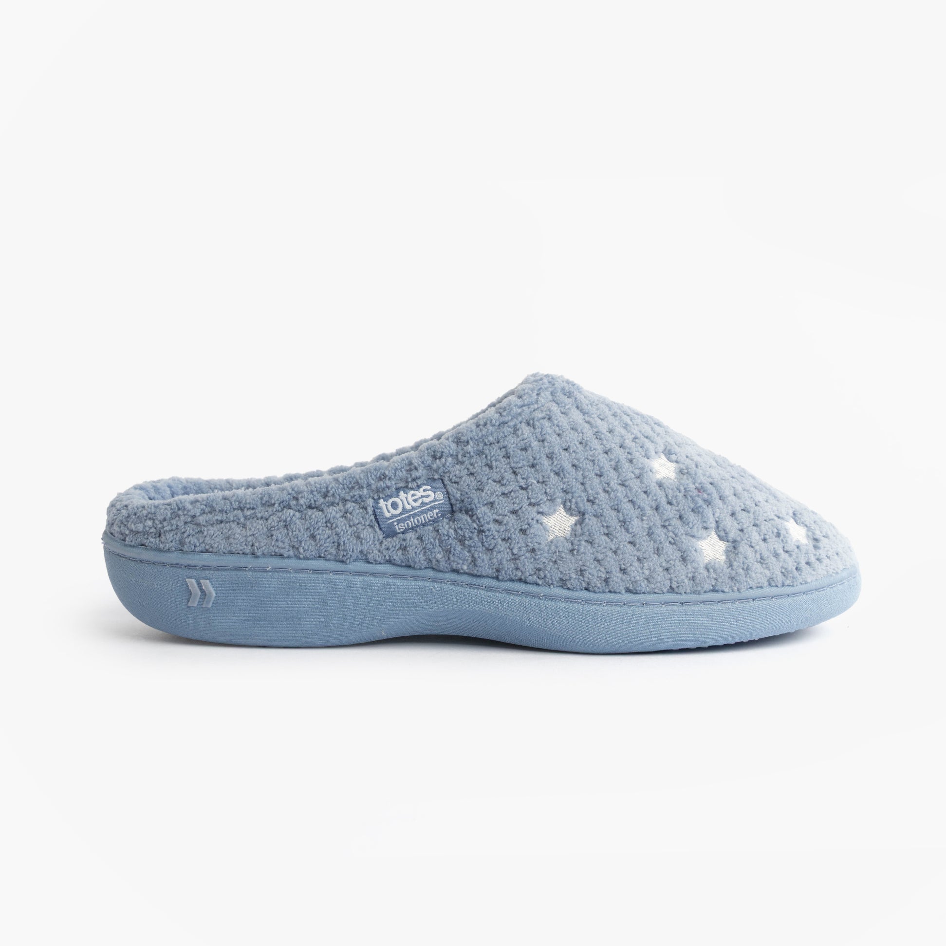 Totes Isotoner POPCORN TERRY Womens Mule Slippers Iris Blue Star side view with star pattern and soft blue fabric.